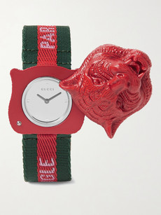 Gucci Tiger's Head Resin And Grosgrain Watch In White
