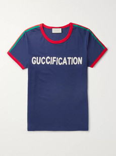 GUCCI SLIM-FIT WEBBING-TRIMMED EMBROIDERED COTTON-JERSEY T-SHIRT