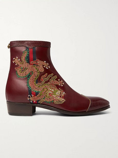 GUCCI WEBBING-TRIMMED EMBROIDERED LEATHER CHELSEA BOOTS