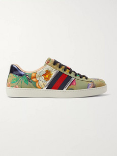 GUCCI ACE LEATHER-TRIMMED PRINTED CANVAS SNEAKERS - GREEN