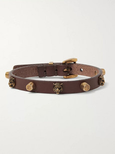 Gucci Studded Leather And Gold-tone Bracelet In Brown
