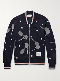THOM BROWNE EMBROIDERED COTTON-JERSEY BOMBER JACKET - NAVY