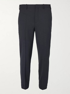 Neil Barrett Cropped Slim-fit Tapered Grosgrain-trimmed Stretch-woven Trousers In Navy