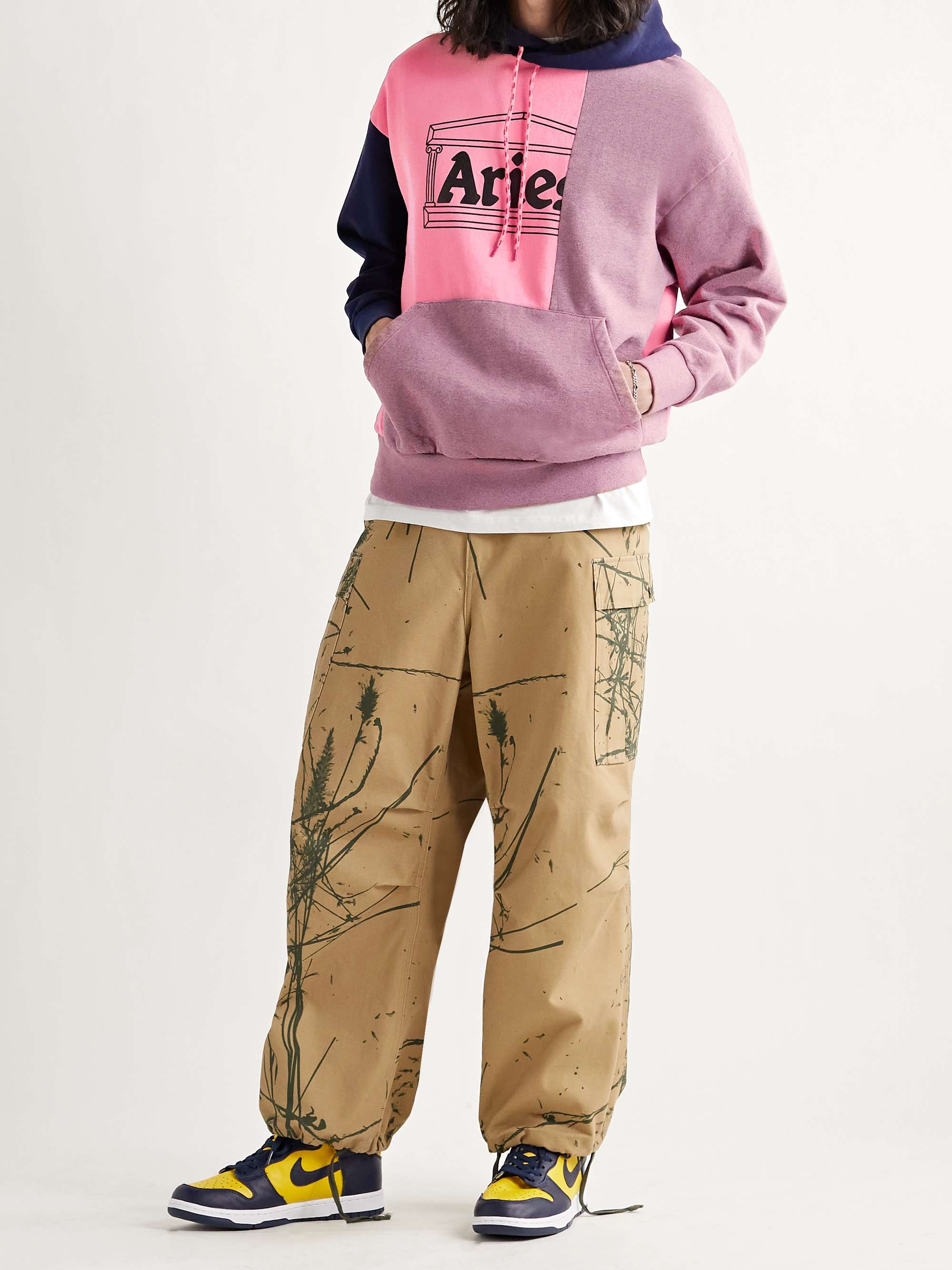 ARIES Panelled Logo-Print Fleece-Back Cotton-Jersey Hoodie