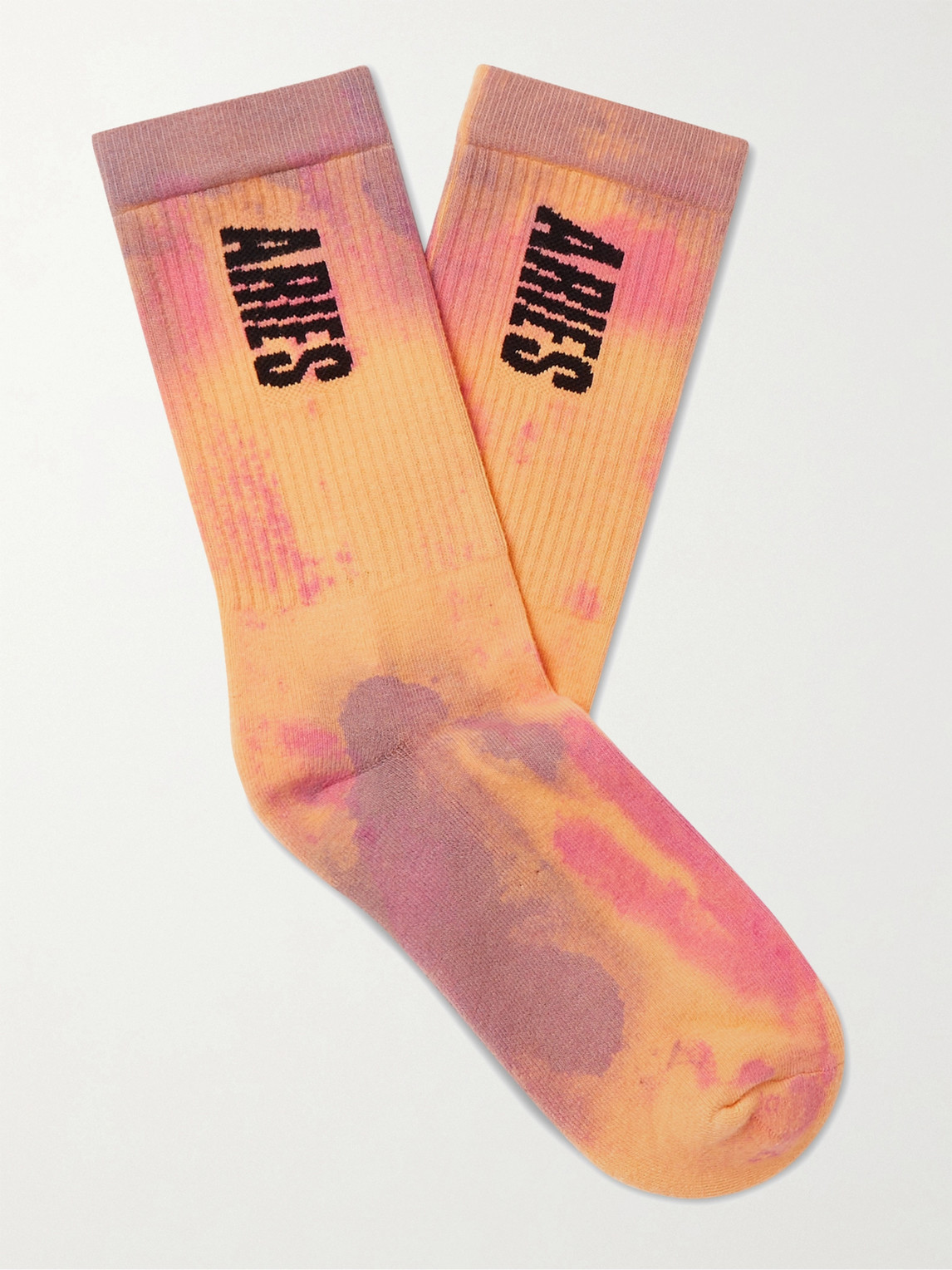 Aries Logo-intarsia Tie-dye Cotton-blend Socks In Yellow