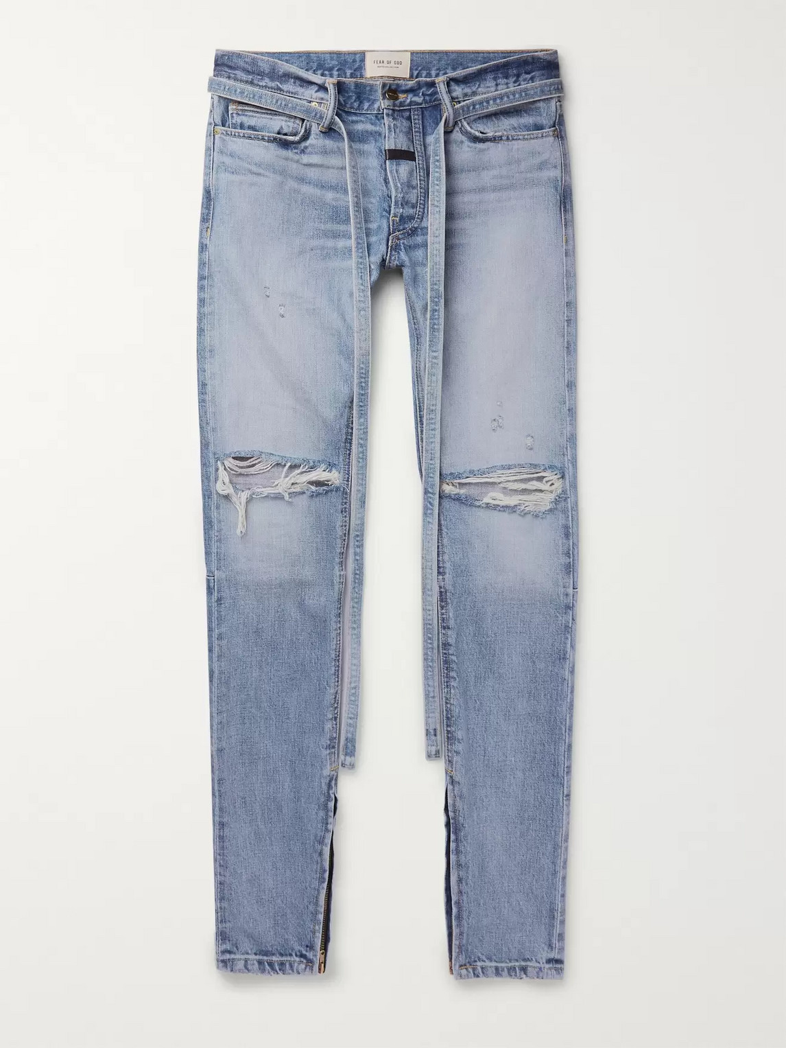 Fear Of God Slim-fit Tapered Belted Distressed Selvedge Denim Jeans In Blue