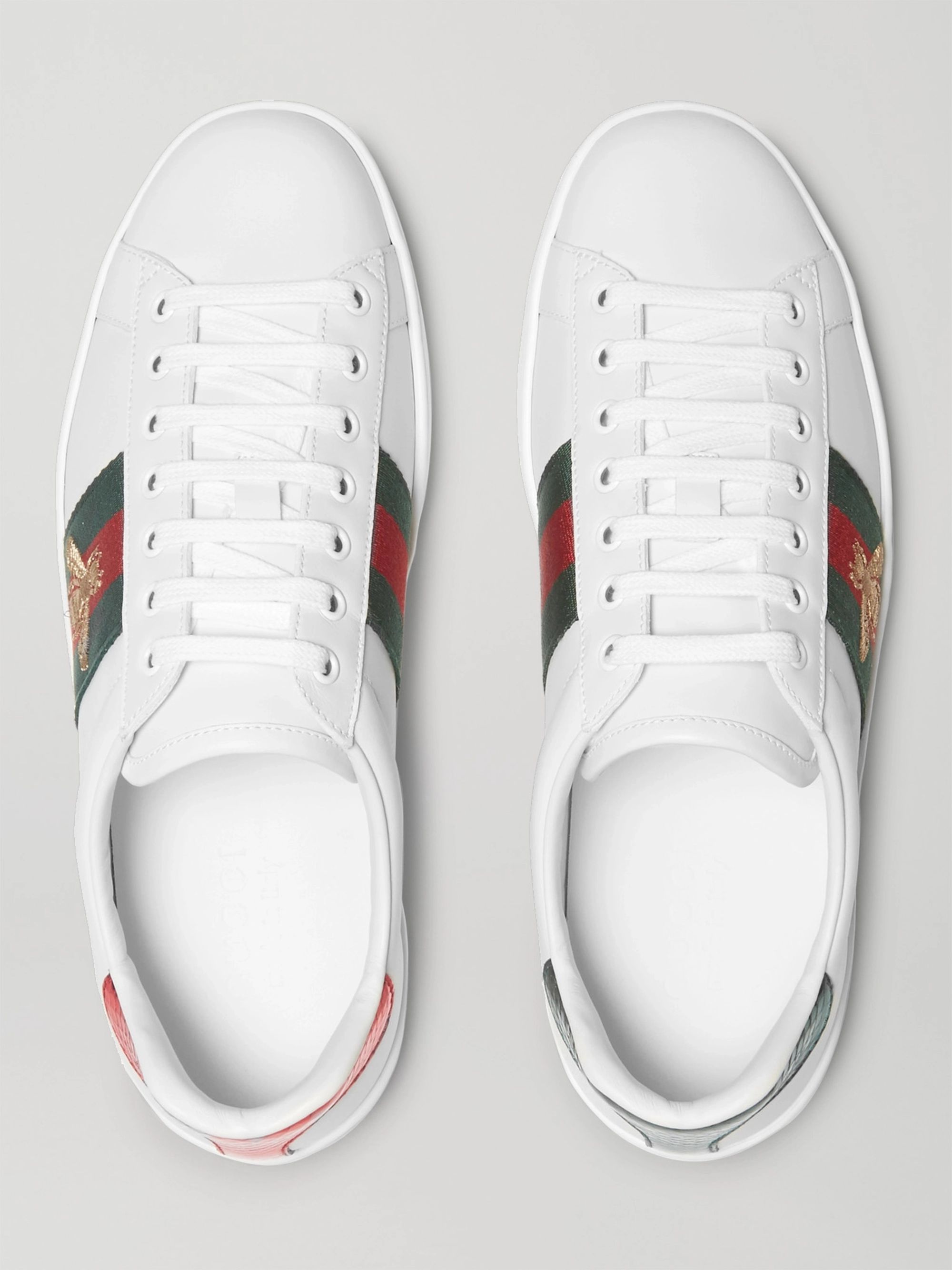 White Ace Watersnake-Trimmed Embroidered Leather Sneakers | Gucci | MR ...