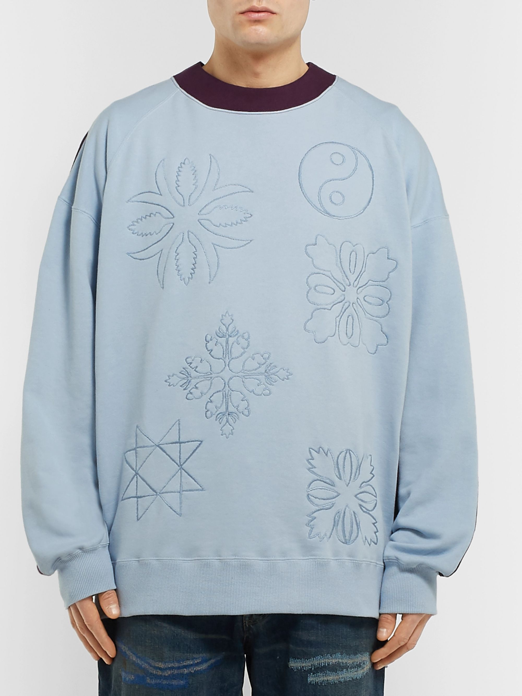 Blue Oversized Two-Tone Embroidered Loopback Cotton-Jersey Sweatshirt