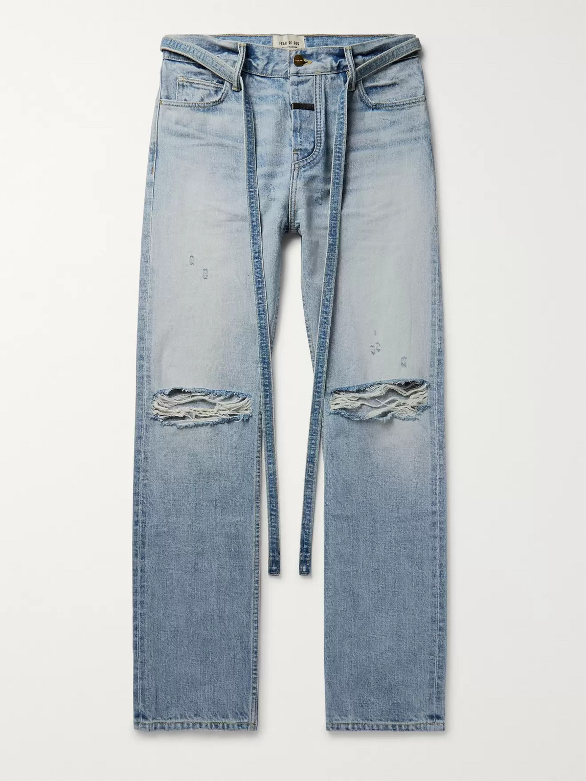 FEAR OF GOD RELAXED-FIT BELTED DISTRESSED SELVEDGE DENIM JEANS