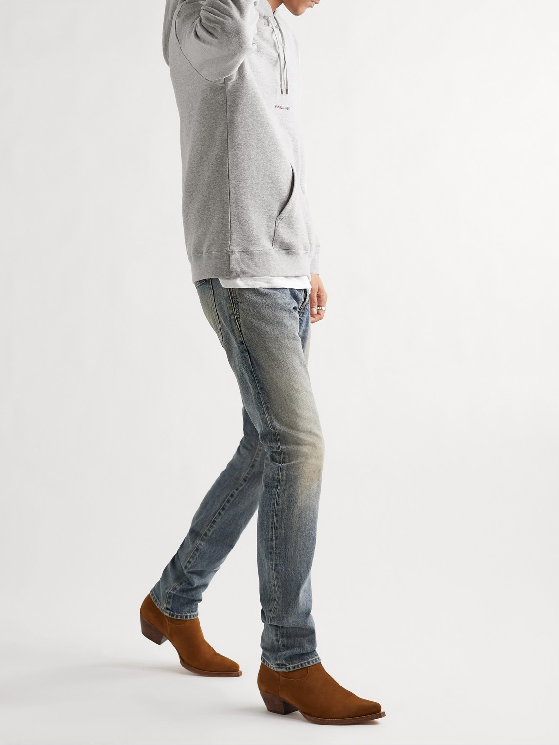 Shop Saint Laurent Logo-print Mélange Cotton-blend Jersey Hoodie In Gray