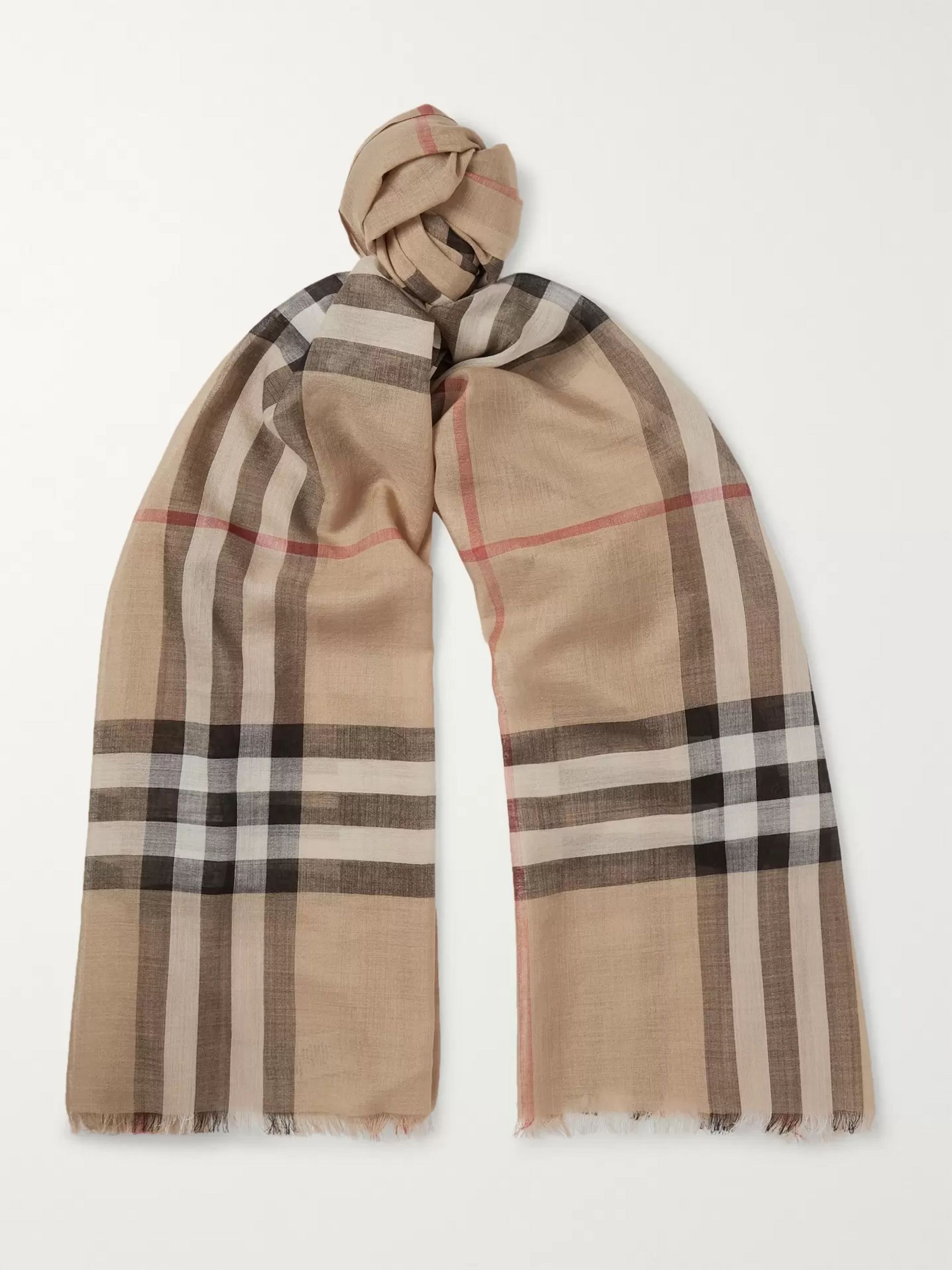 burberry fringed check wool scarf