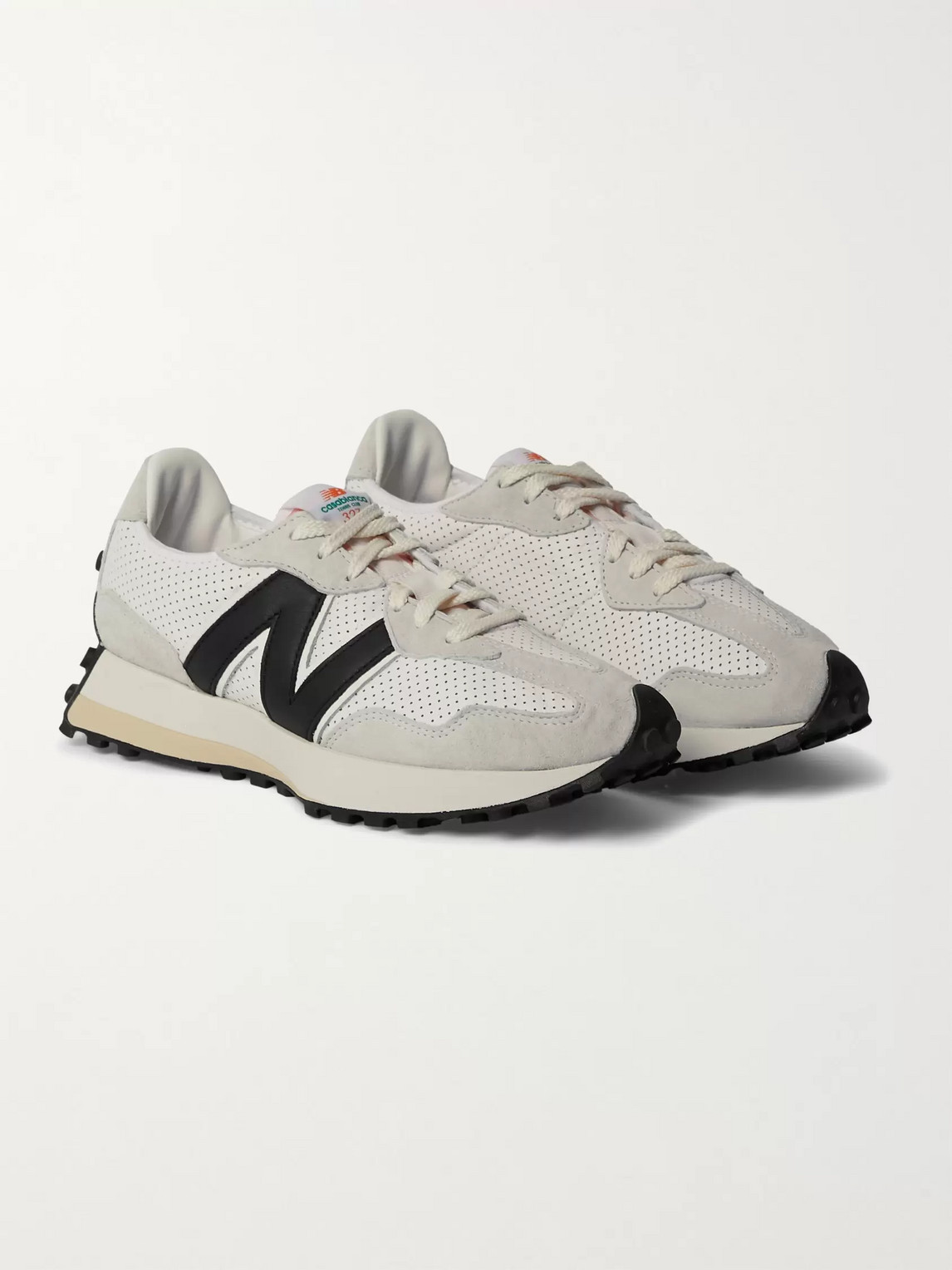 NEW BALANCE CASABLANCA 327 SUEDE-TRIMMED PERFORATED LEATHER SNEAKERS