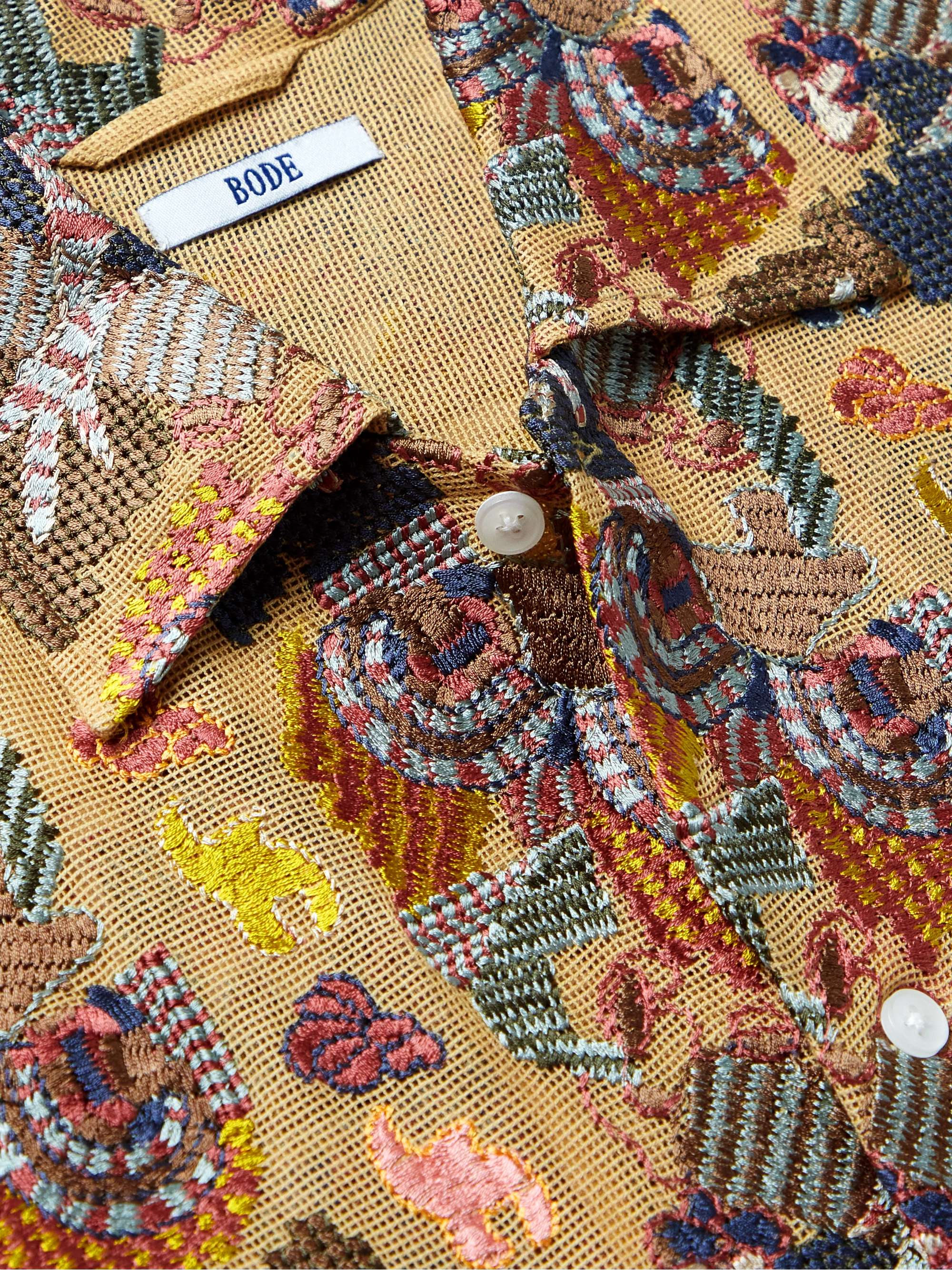 BODE Bay'ah Camp-Collar Embroidered Cotton-Mesh Shirt