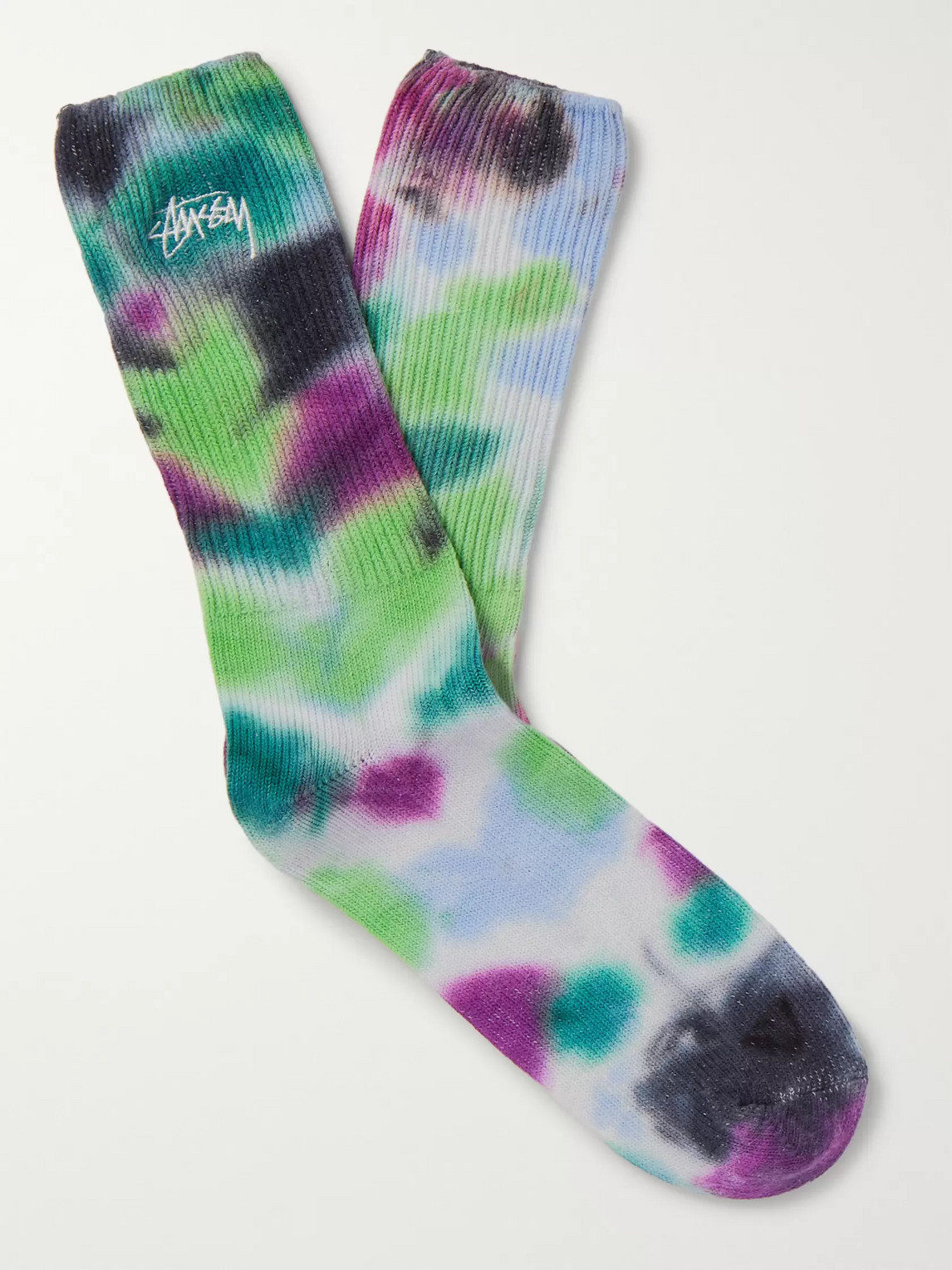 Stussy Tie-dyed Ribbed Cotton-blend Socks In Blue