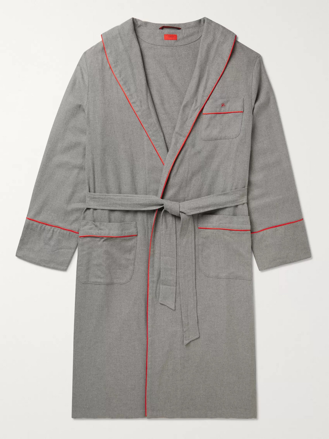 Isaia Piped Cotton And Cashmere-blend Twill Robe In Gray