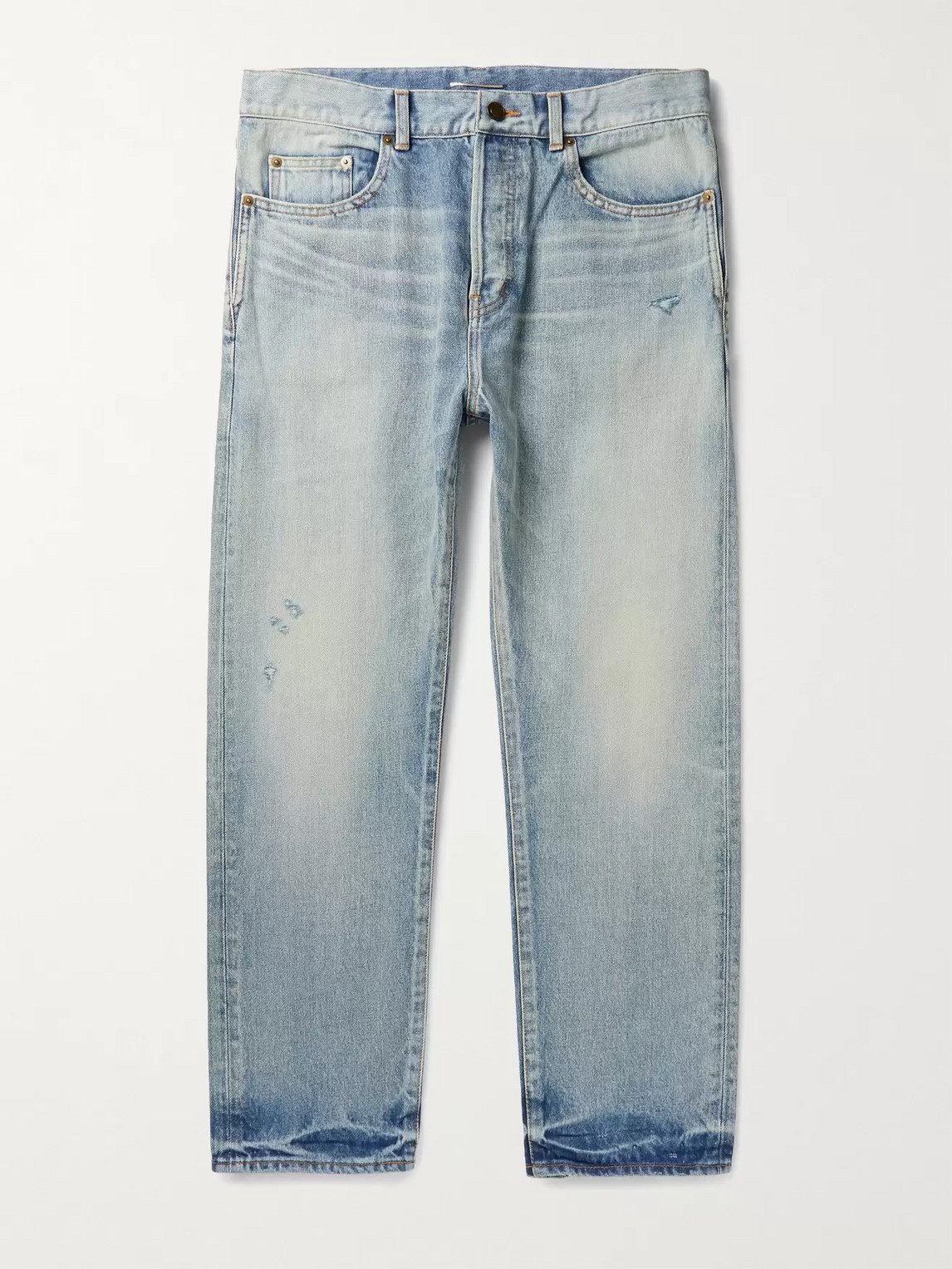 Saint Laurent Cropped Distressed Denim Jeans In Blue
