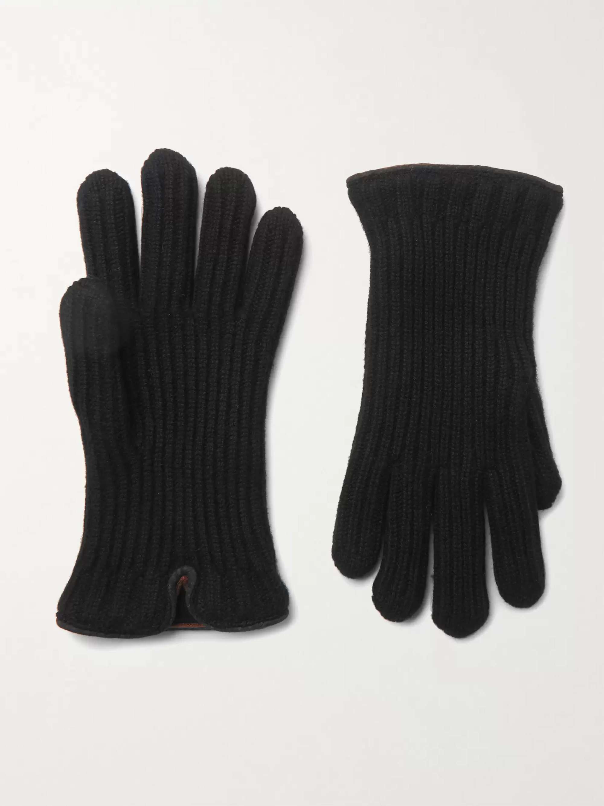 LORO PIANA Leather-Trimmed Ribbed Cashmere Gloves