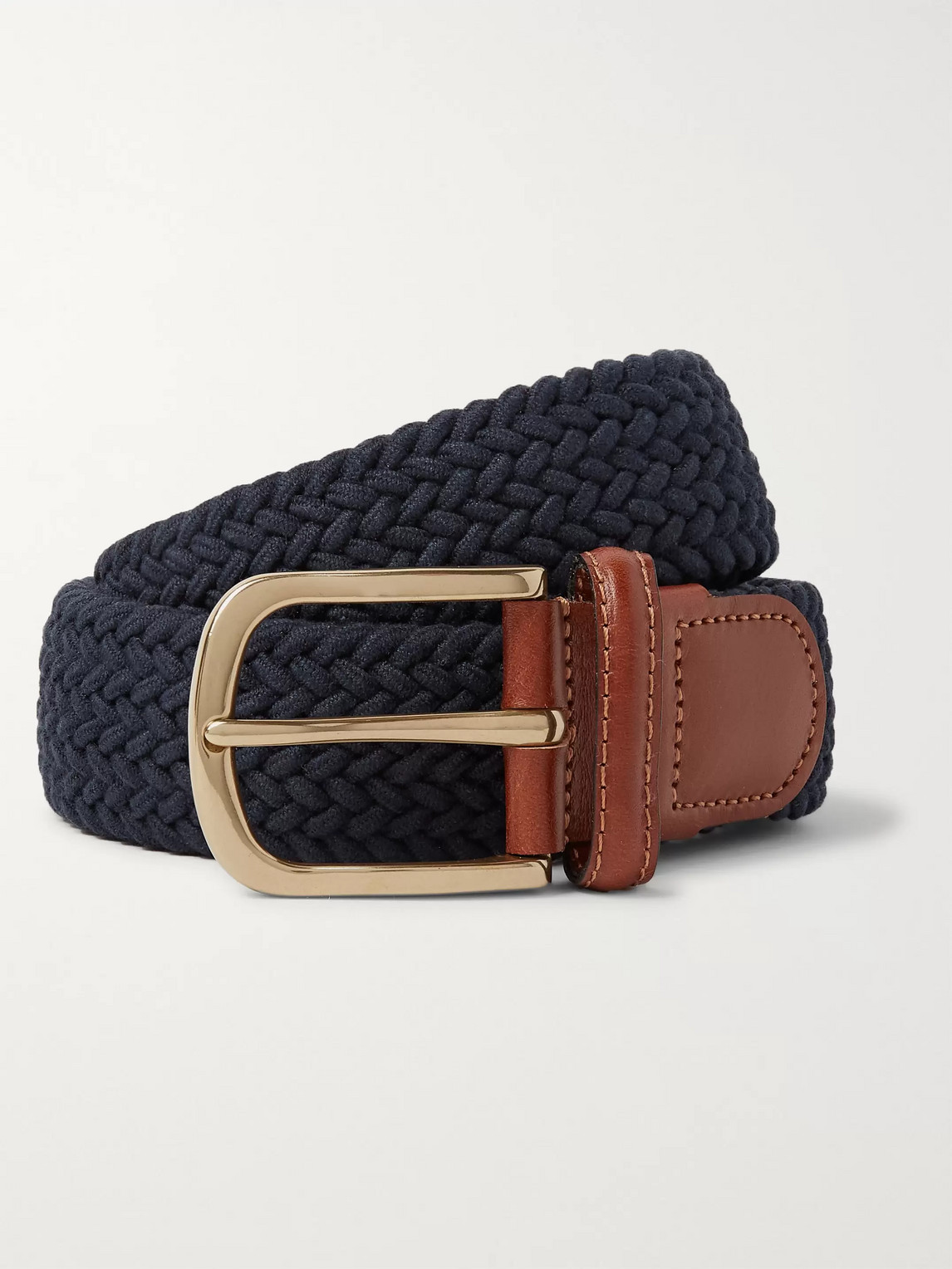 Anderson & Sheppard 3.5cm Leather-trimmed Woven Elastic Belt In Blue