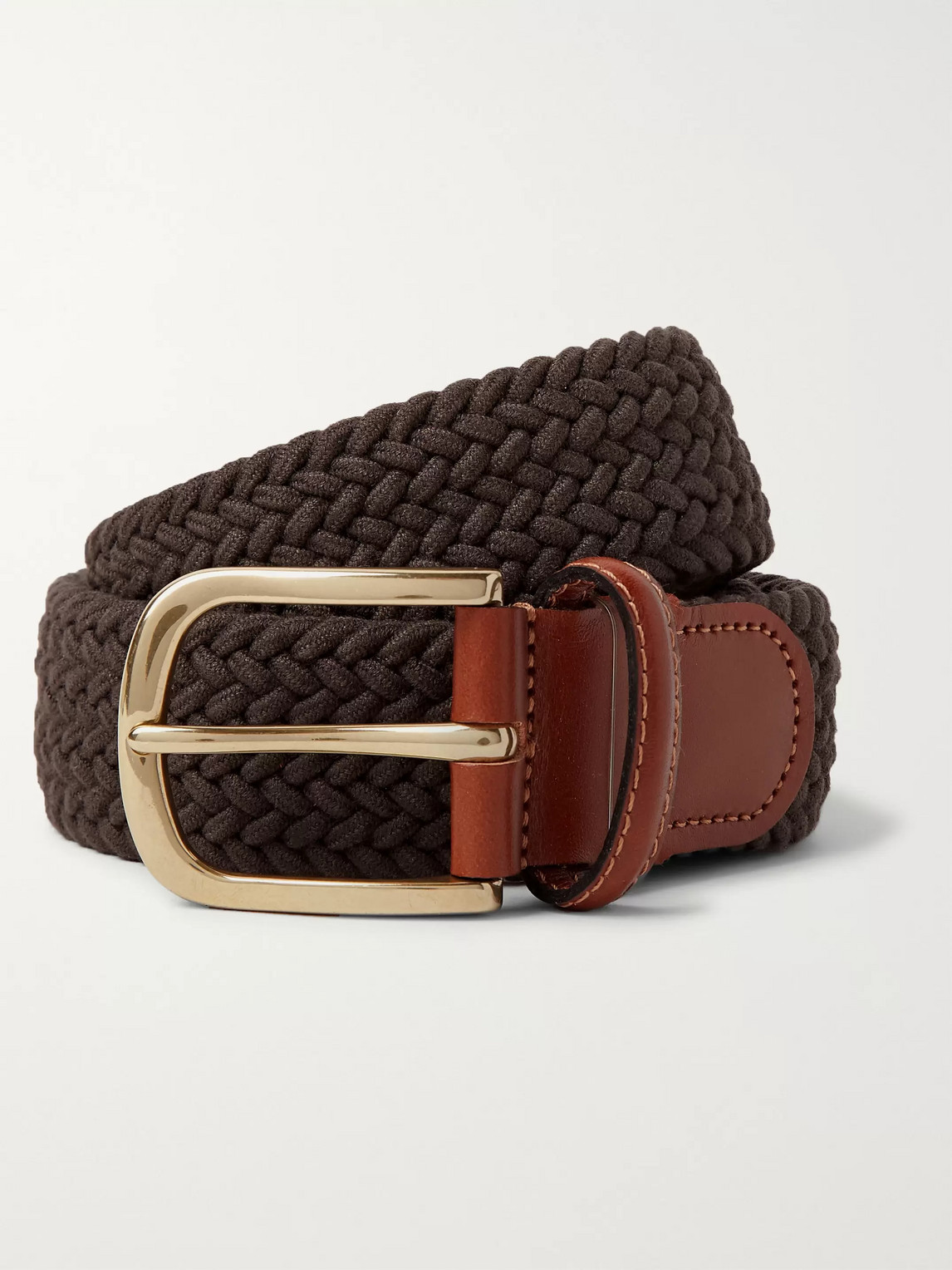 Anderson & Sheppard 3.5cm Leather-trimmed Woven Elastic Belt In Brown