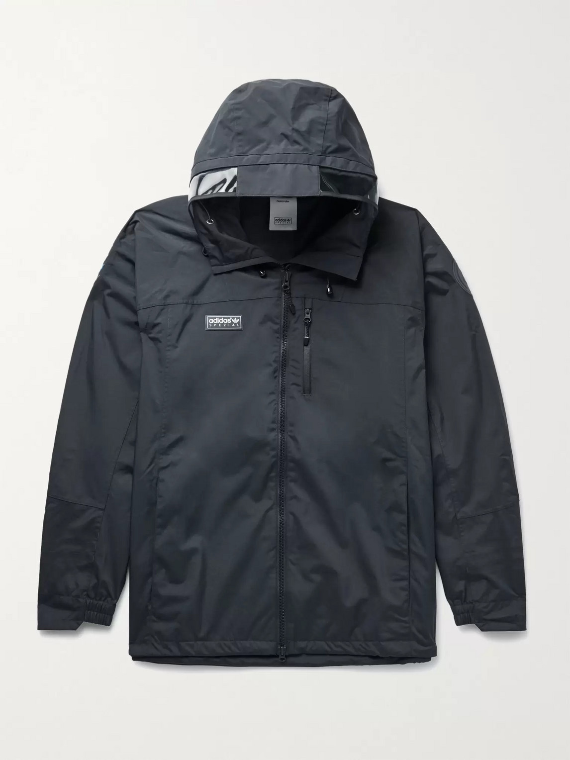 Adidas Consortium New Order Spezial Pvc-trimmed Logo-appliquéd Shell Hooded Jacket In Gray