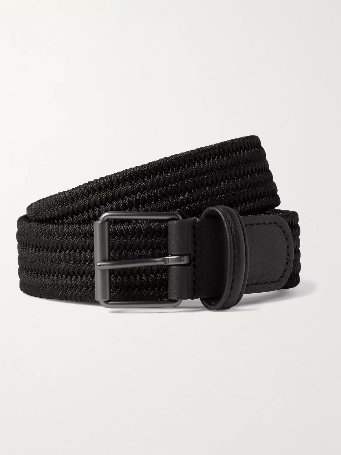 Anderson's 3.5cm Leather-trimmed Woven Elastic Belt In Black