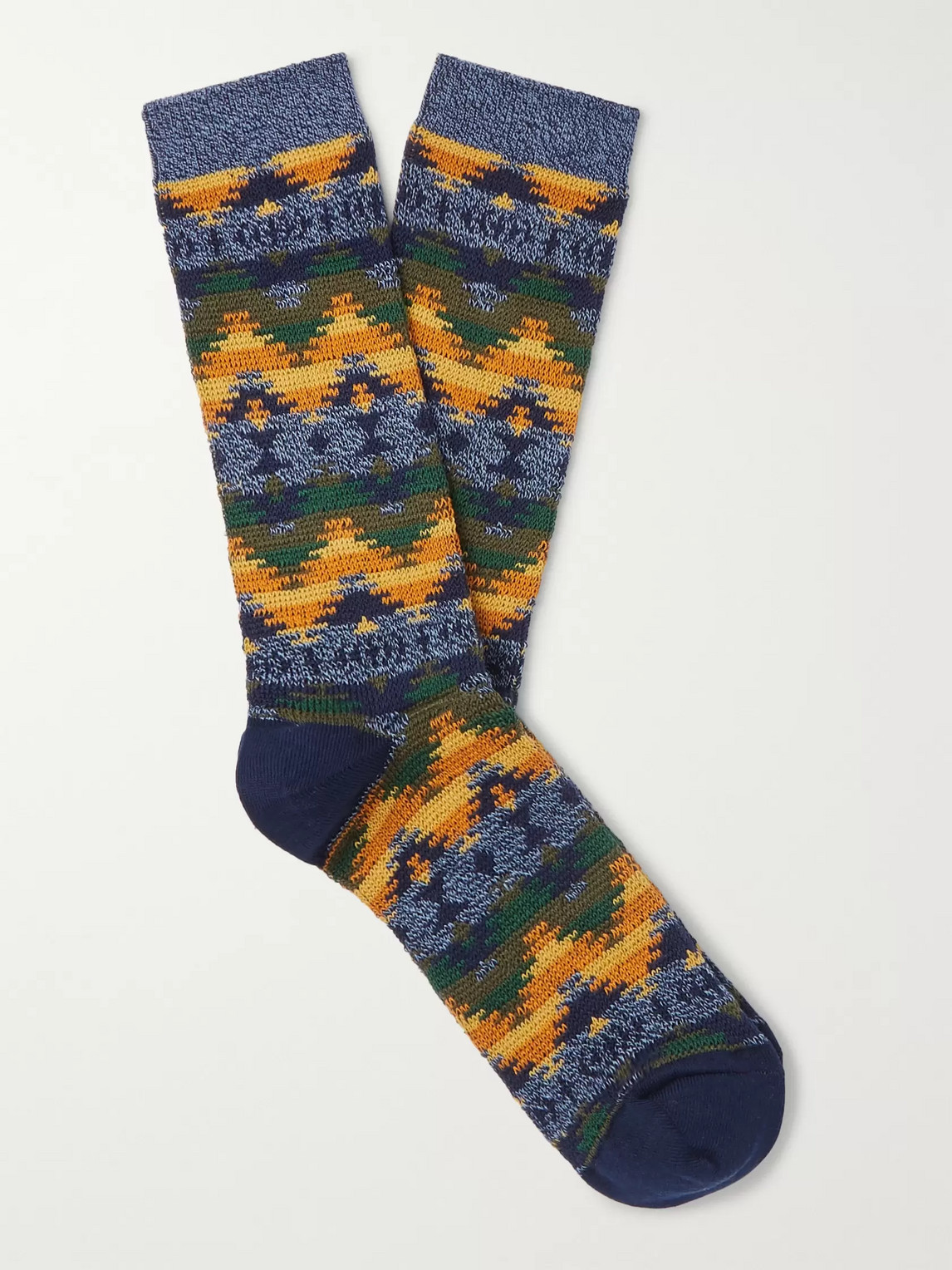 Anonymous Ism Intarsia Cotton-blend Socks In Blue
