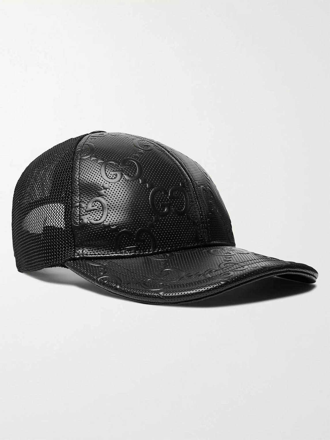 Gucci Logo-embossed Leather And Mesh Baseball Cap In Black