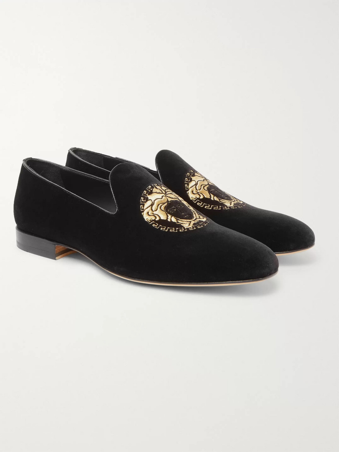 Versace Logo-embroidered Velvet Loafers In Black