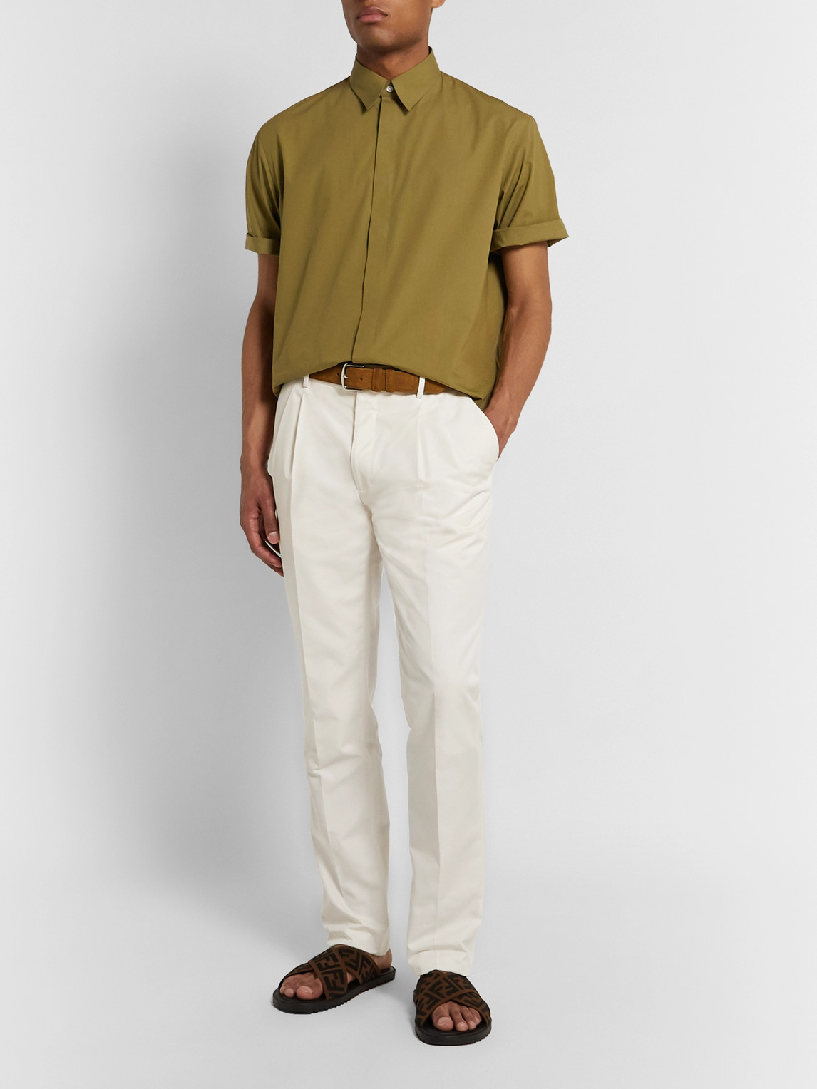 Fendi Tapered Pleated Cotton-blend Trousers In Neutrals