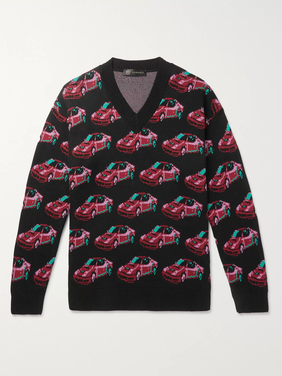 Versace Car-intarsia Cotton Sweater In Black