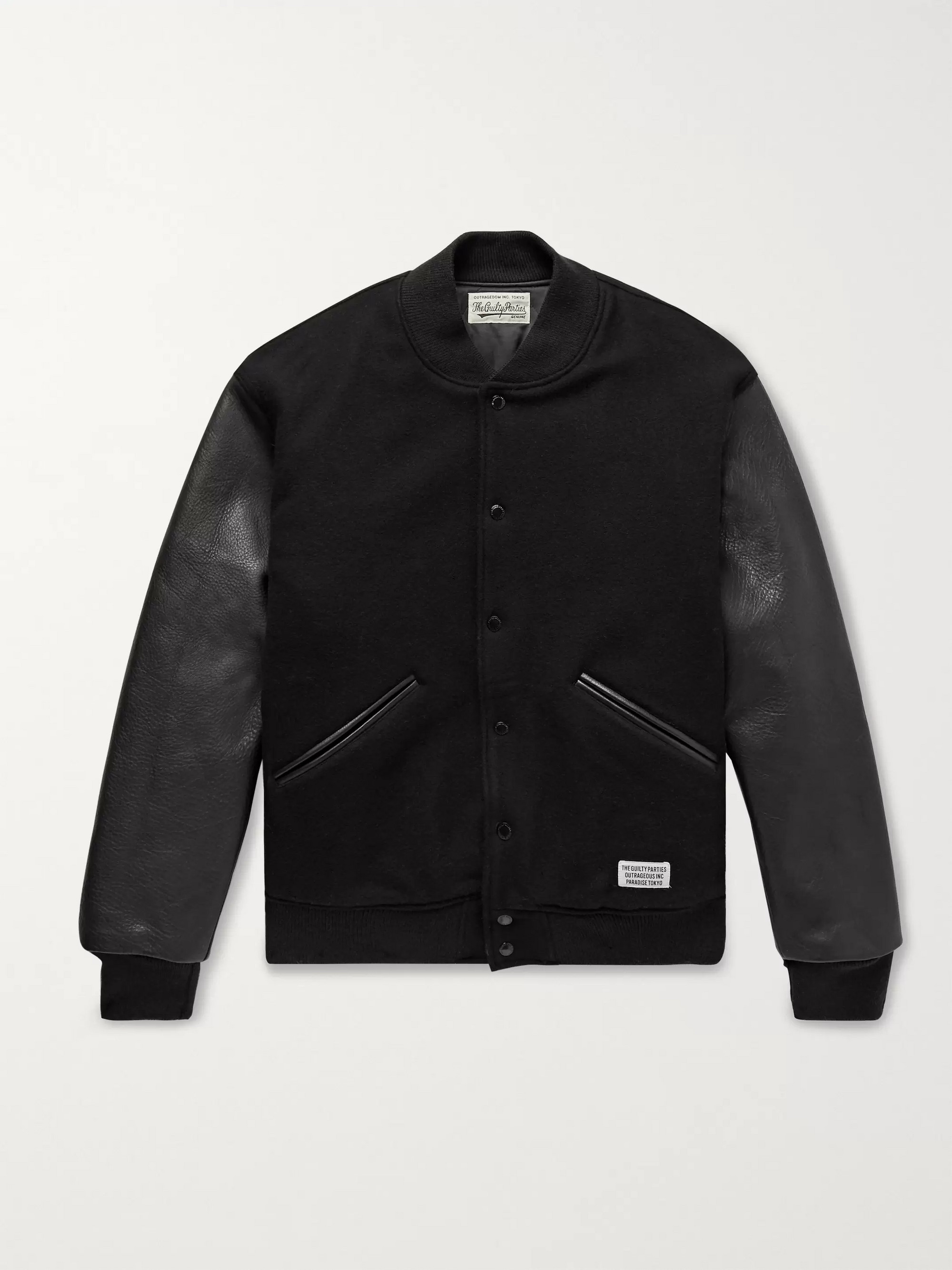 Wacko Maria Leather and Logo-Embroidered Wool and Cashmere-Blend Bomber Jacket