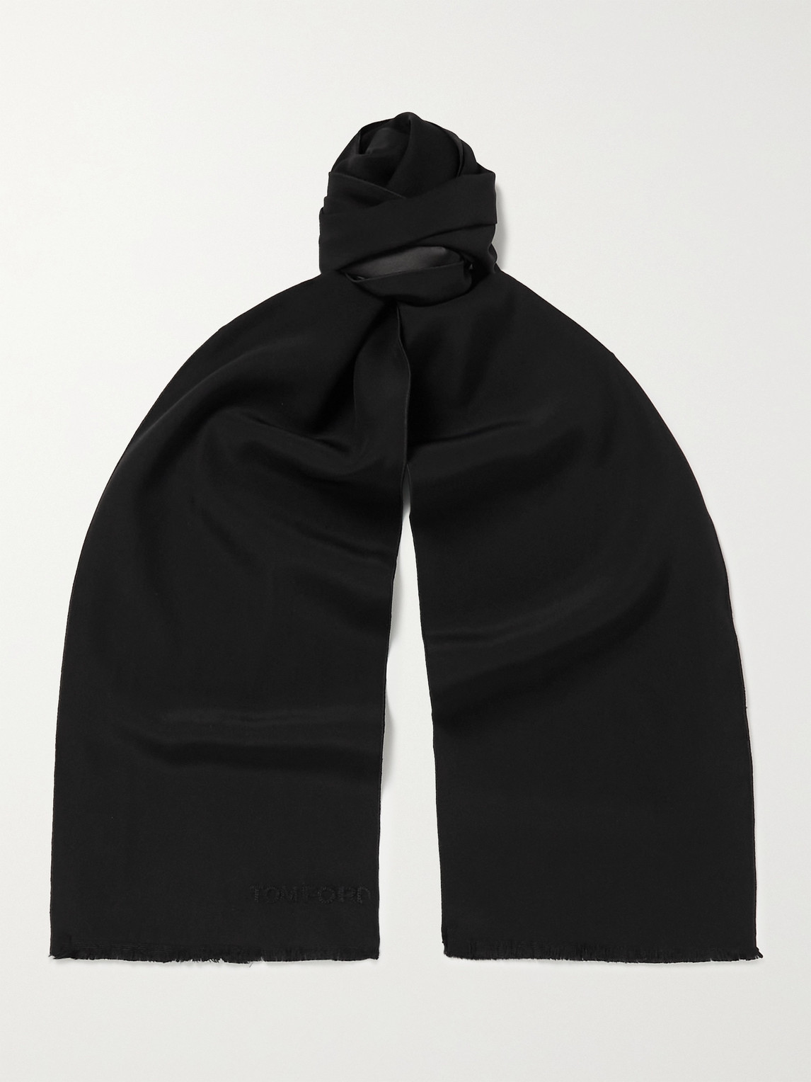 Tom Ford Fringed Logo-embroidered Silk Scarf In Black