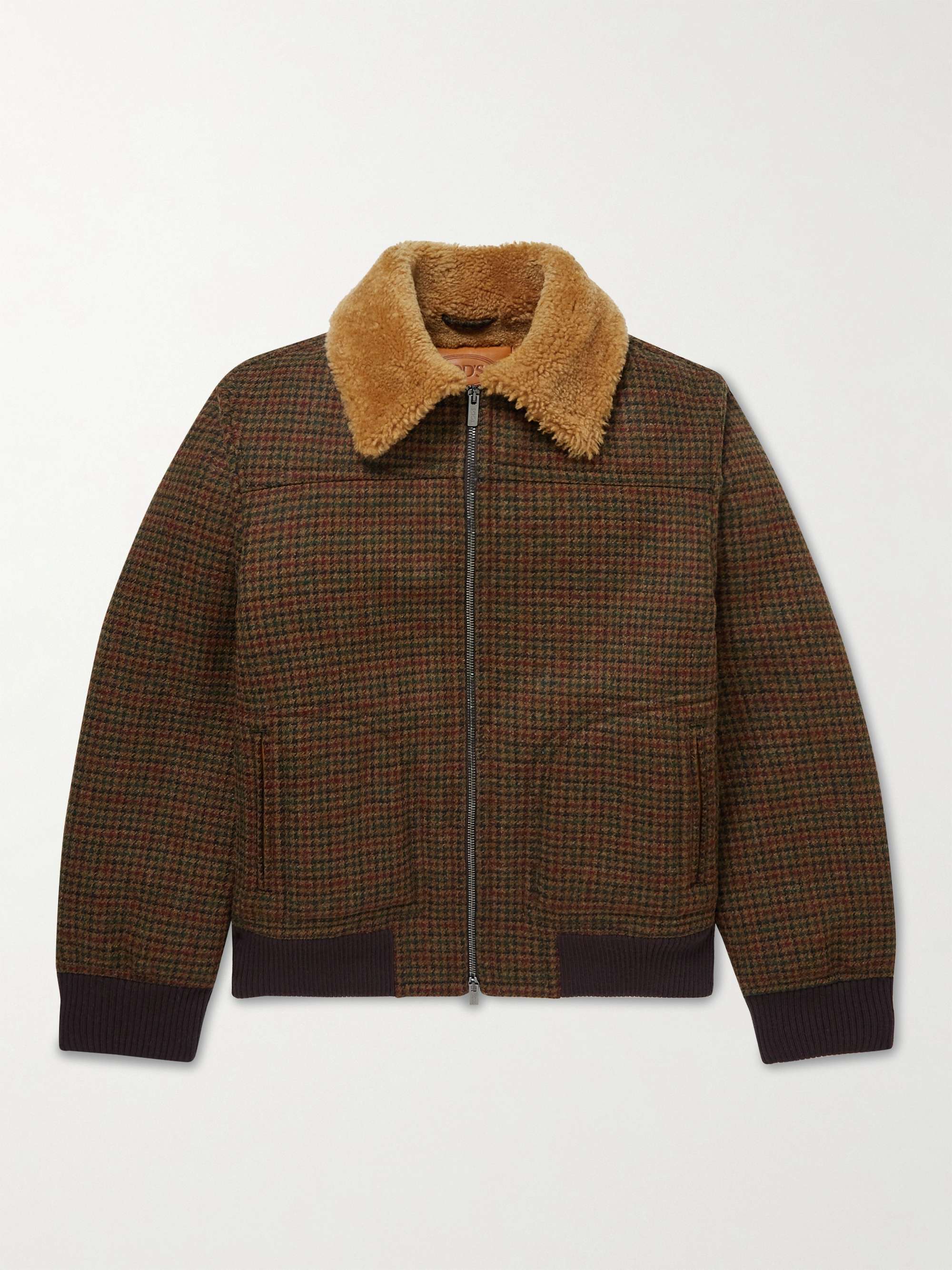 TOD'S Shearling-Lined Houndstooth Shetland Wool Bomber Jacket