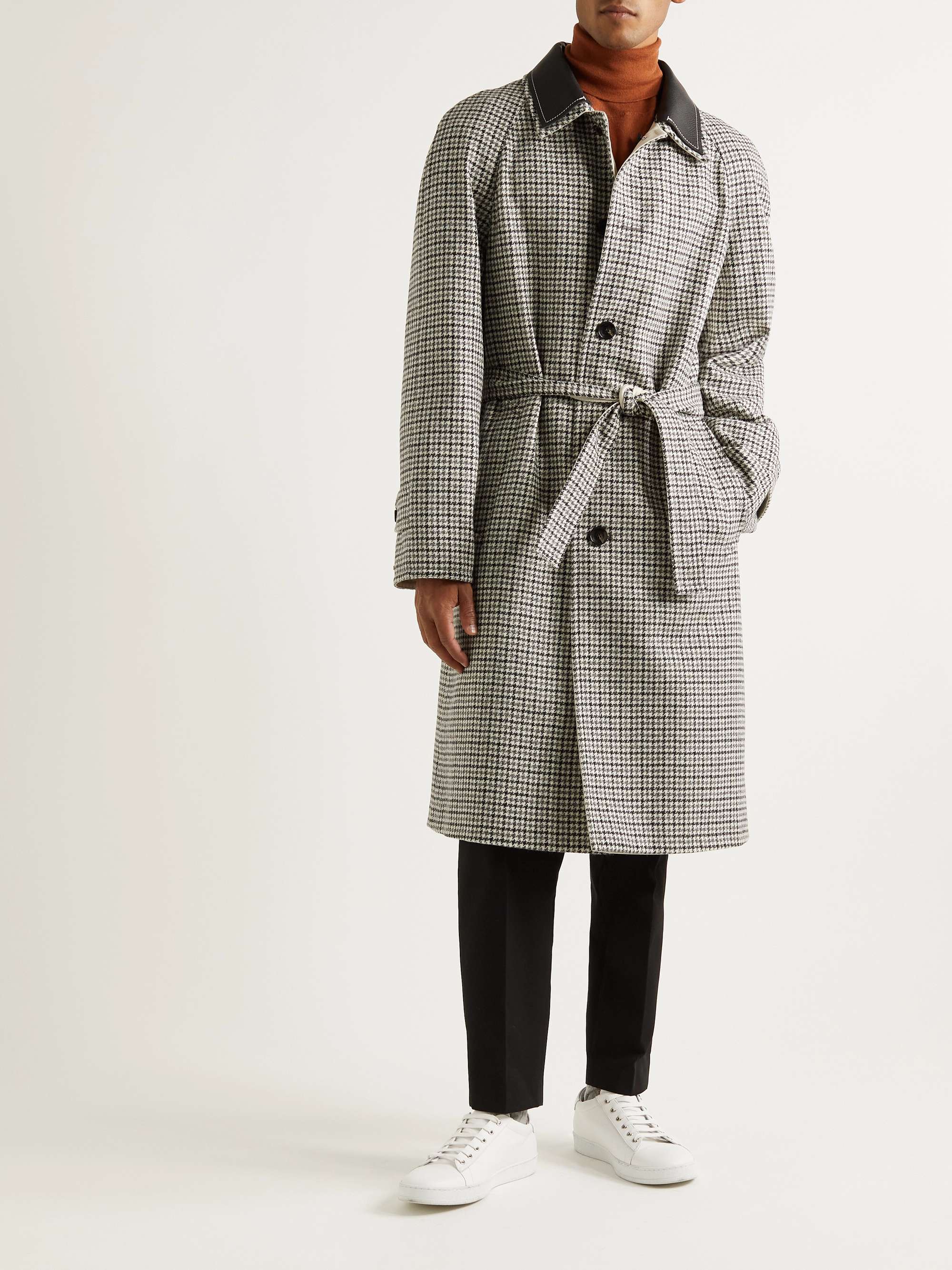 TOD'S Reversible Leather-Trimmed Houndstooth Wool and Cotton-Gabardine Trench Coat