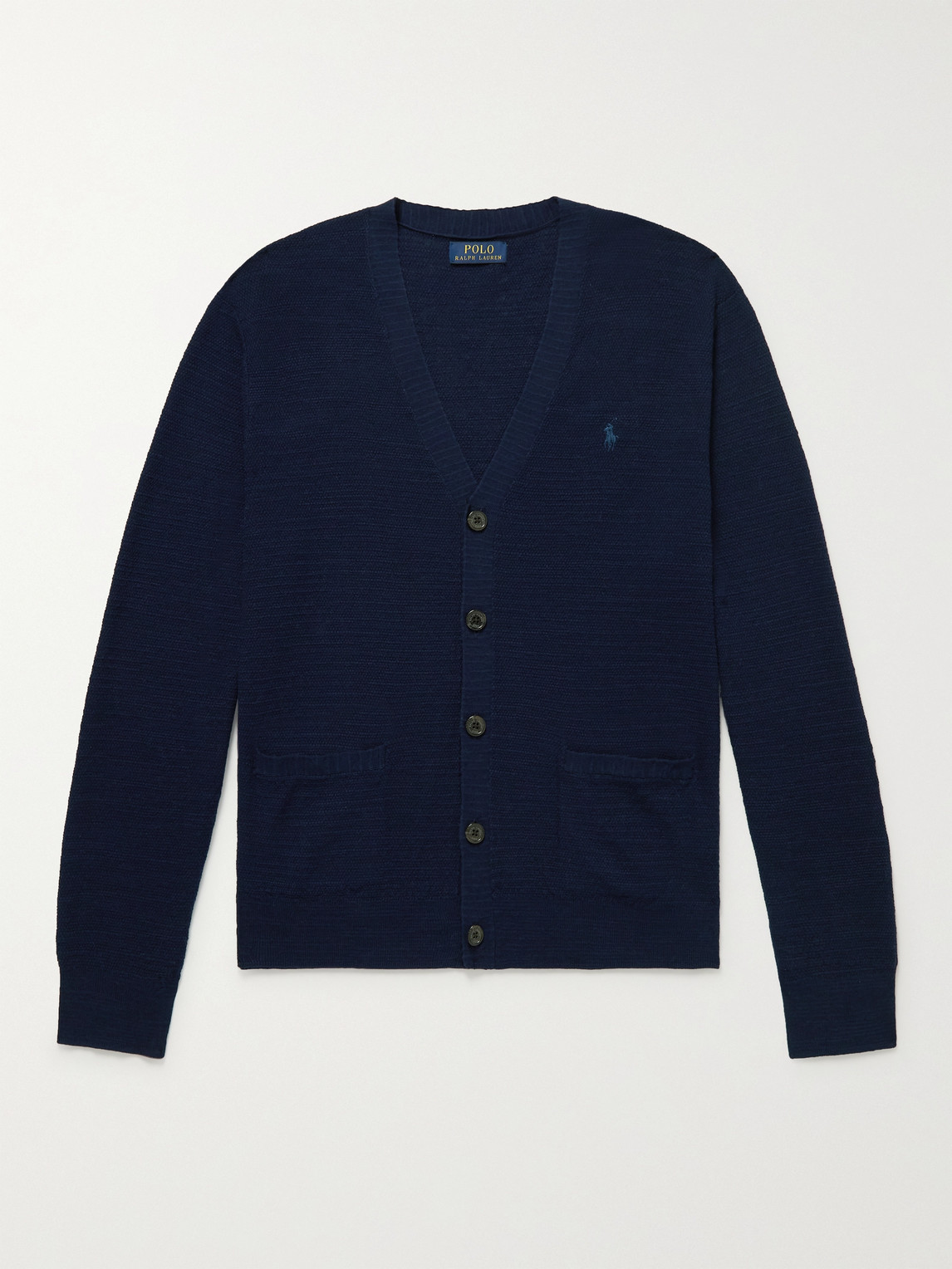 POLO RALPH LAUREN LOGO-EMBROIDERED WAFFLE-KNIT COTTON AND LINEN-BLEND CARDIGAN