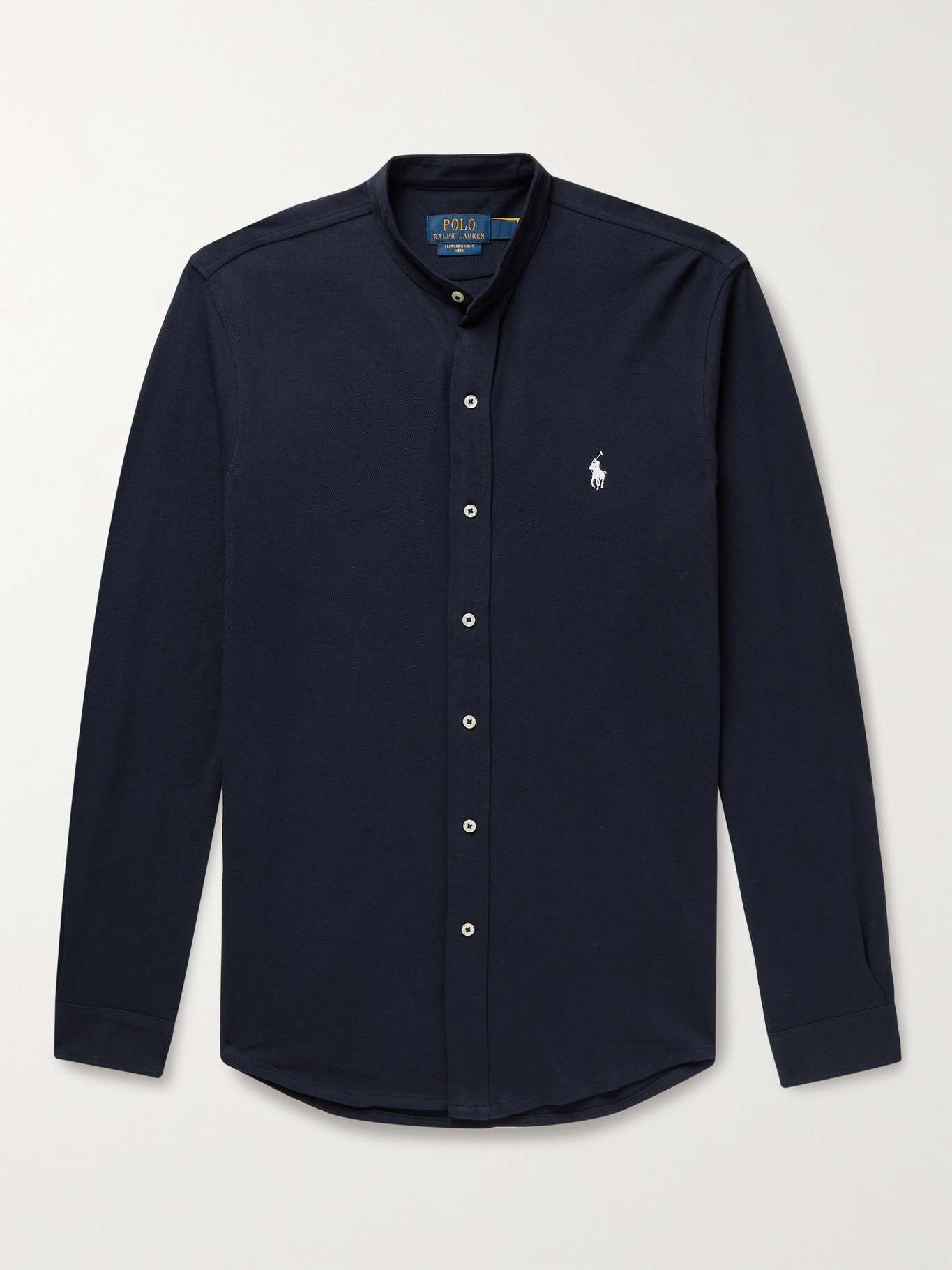 Navy Grandad-Collar Logo-Embroidered Cotton-Piqué Shirt | POLO RALPH ...