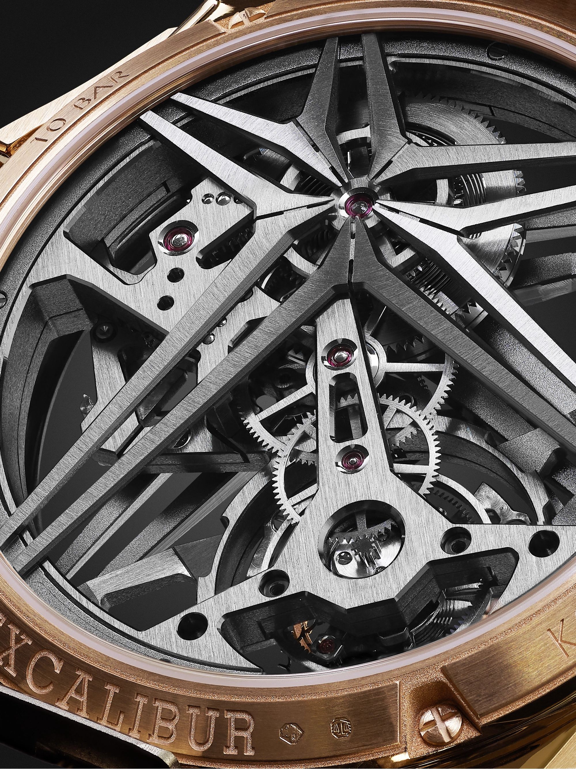 ROGER DUBUIS Excalibur EON Gold Limited Edition Automatic Skeleton Flying Tourbillon 42mm 18-Karat Pink Gold and Leather Watch, Ref. No. DBEX0836