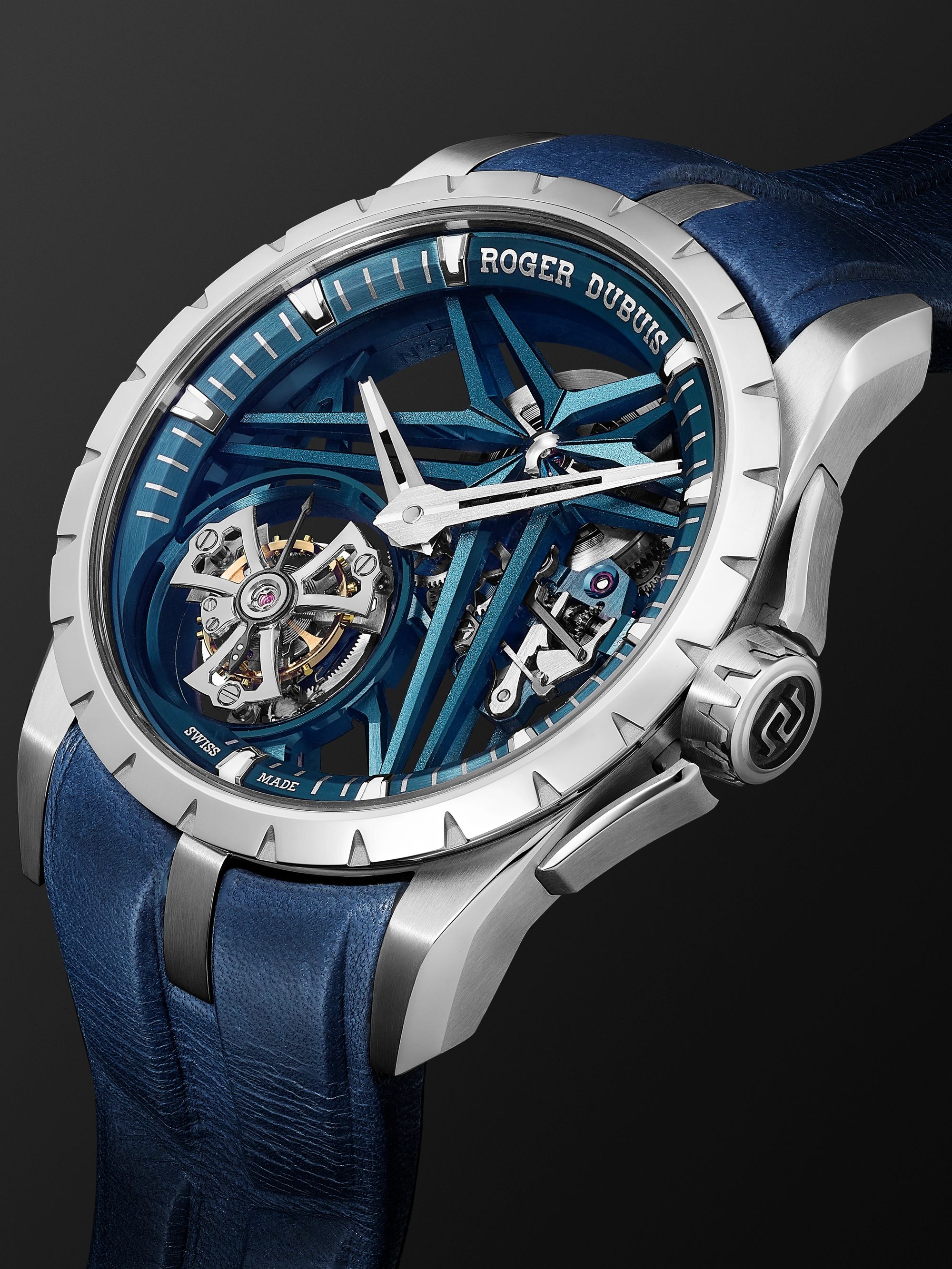 ROGER DUBUIS Excalibur Cobalt Blue Limited Edition Flying Tourbillon Hand-Wound 42mm CarTech Micro-Melt BioDur CCMTM and Leather Watch, Ref. No. DBEX0838