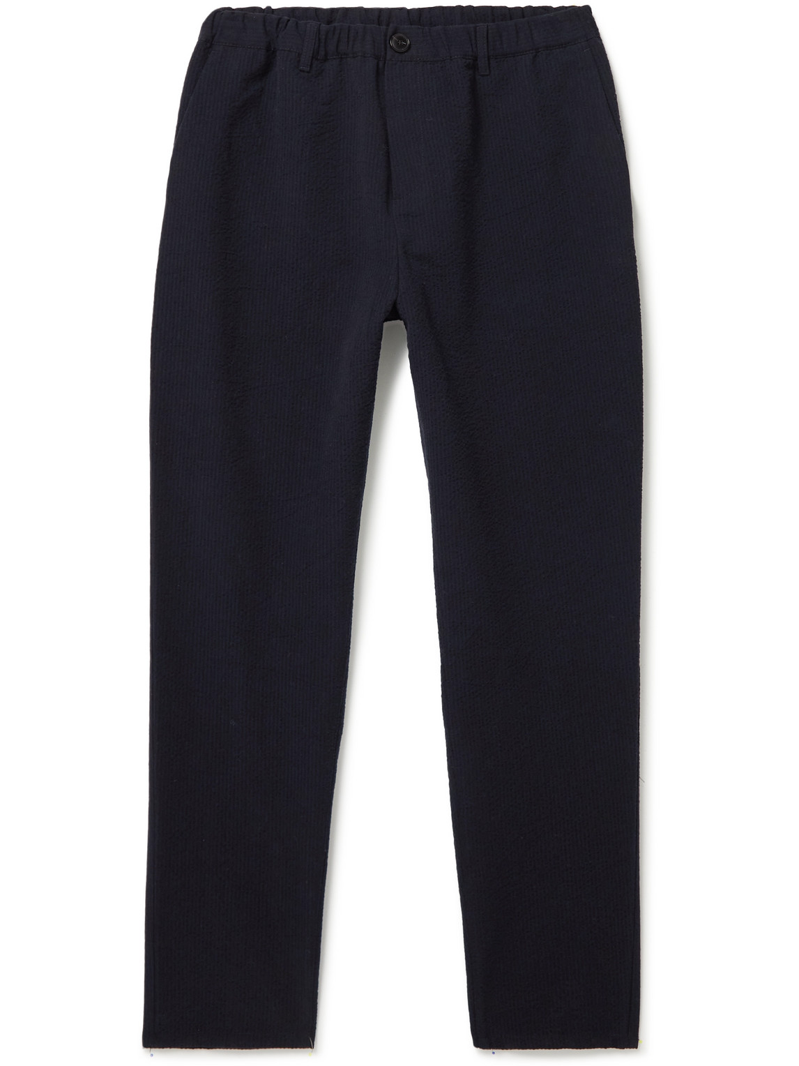 A Kind Of Guise Cotton And Wool-blend Seersucker Trousers In Blue