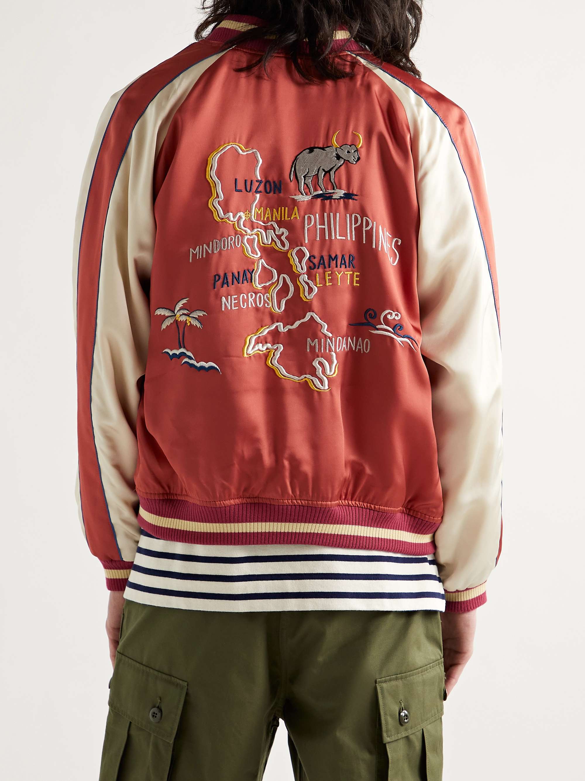 THE REAL MCCOY'S Suka Embroidered Colour-Block Satin Bomber Jacket
