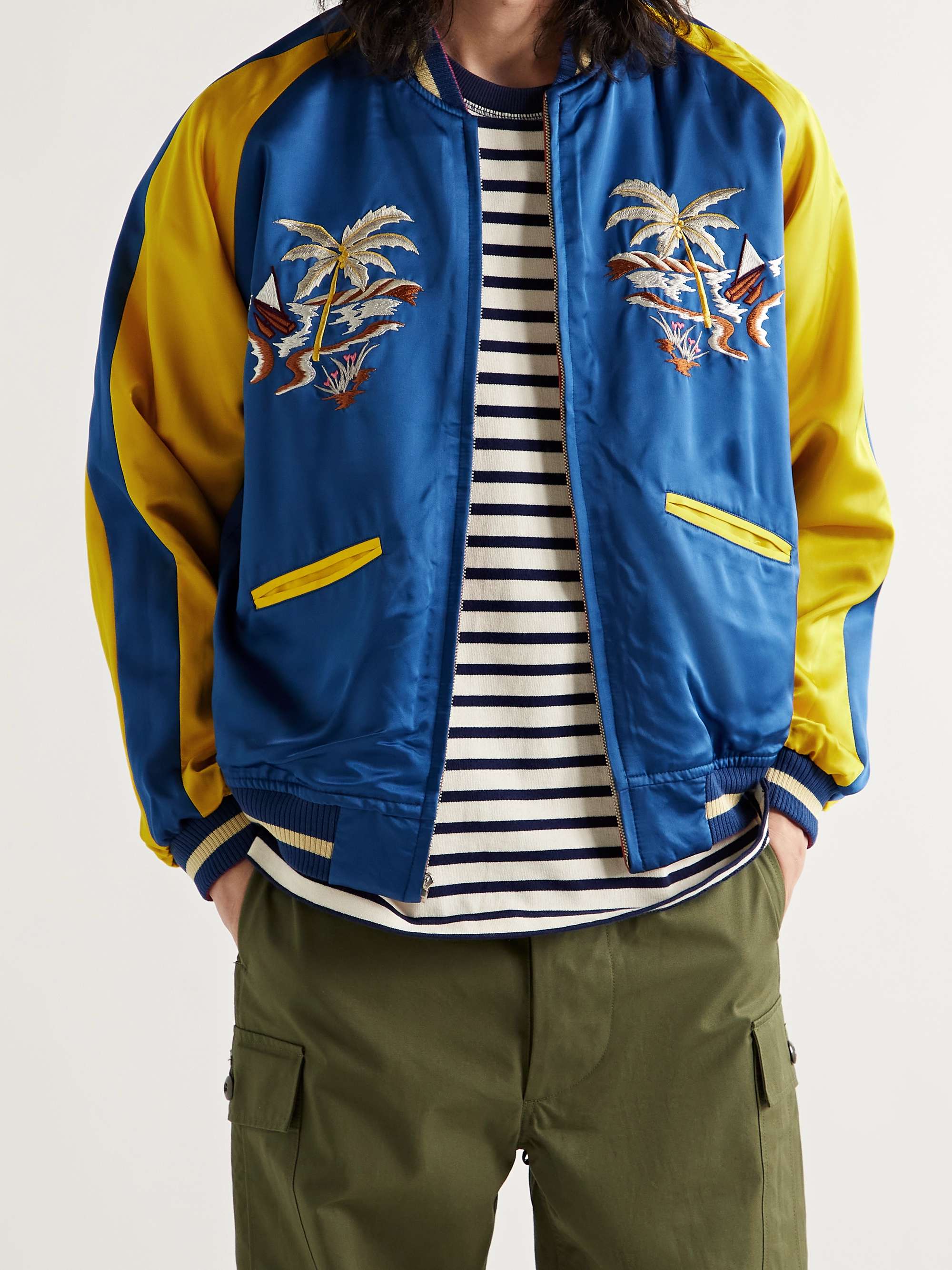 THE REAL MCCOY'S Suka Embroidered Colour-Block Satin Bomber Jacket