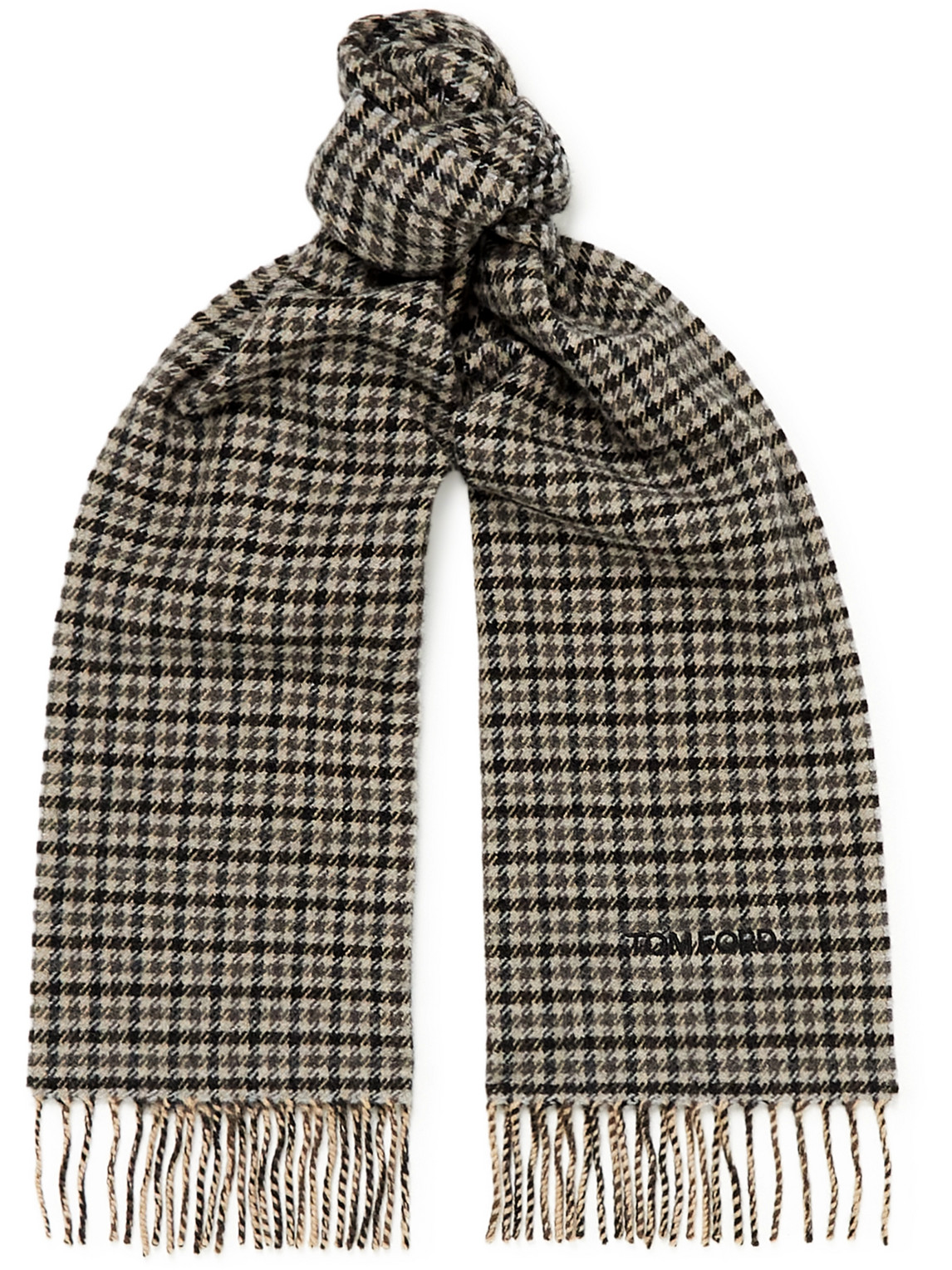 TOM FORD FRINGED HOUNDSTOOTH WOOL AND CASHMERE-BLEND SCARF