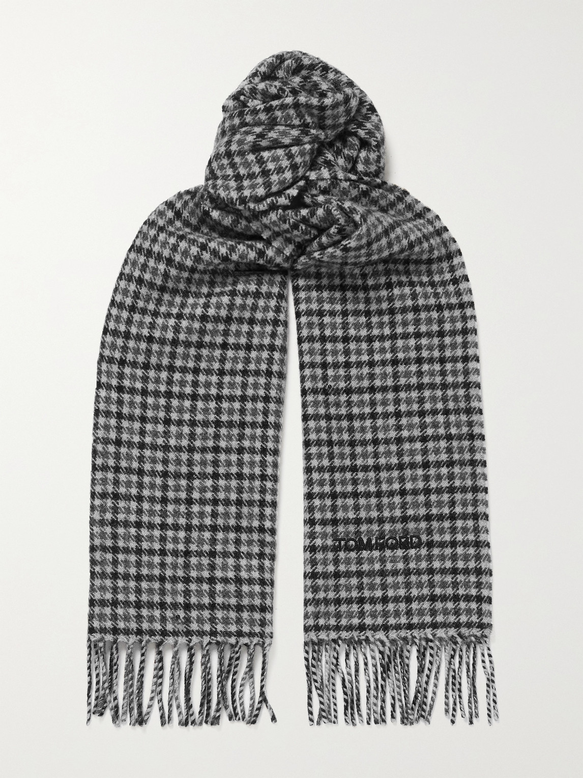 TOM FORD FRINGED HOUNDSTOOTH WOOL AND CASHMERE-BLEND SCARF