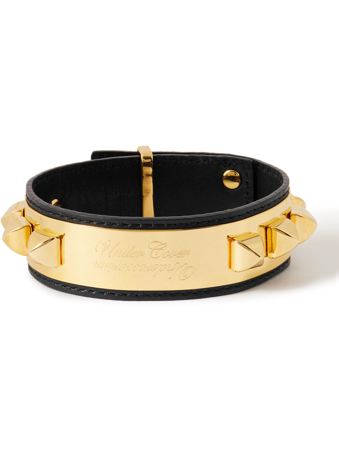 UNDERCOVER ENGRAVED SPIKED GOLD-TONE AND FULL-GRAIN LEATHER CUFF