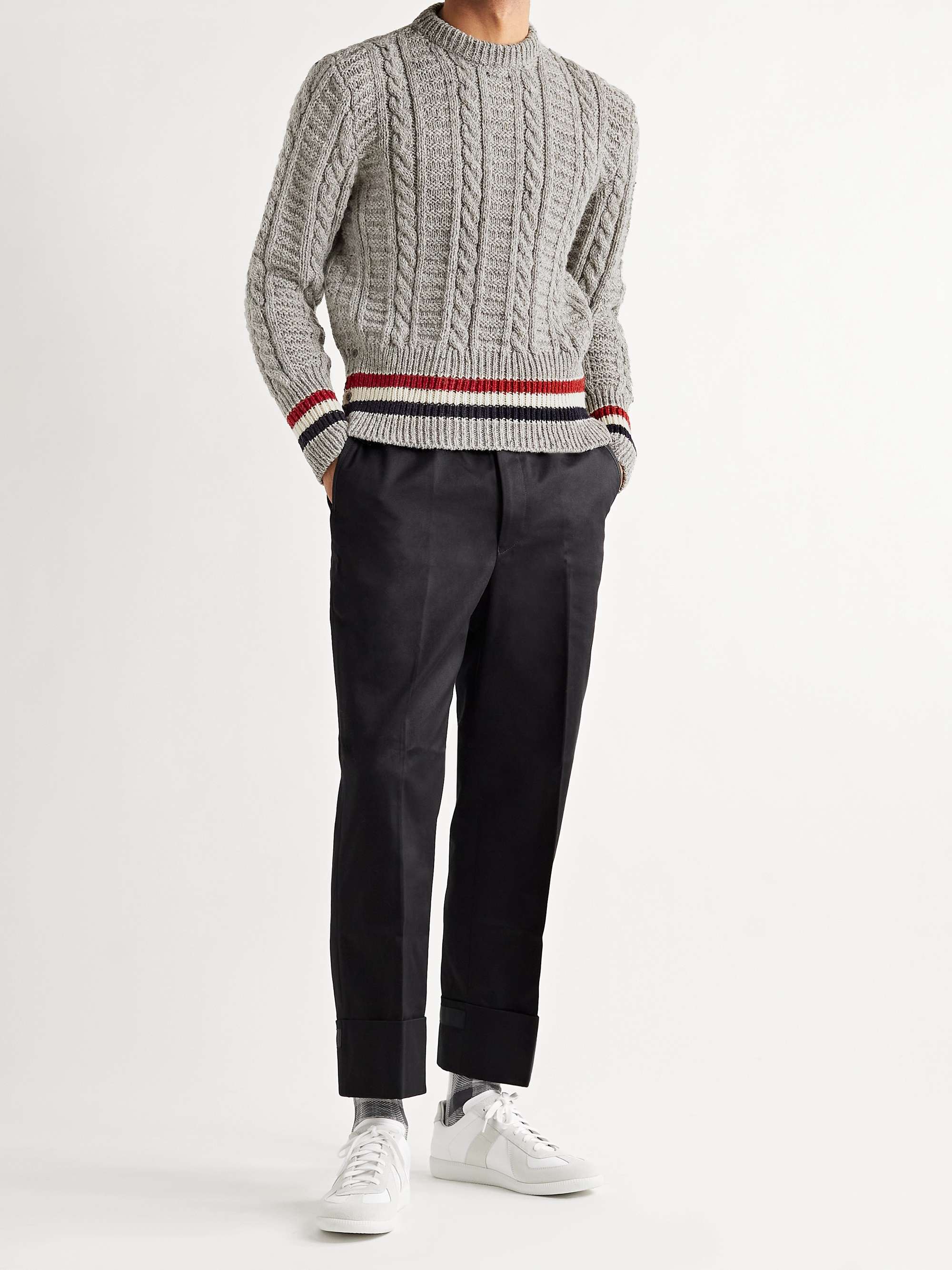 THOM BROWNE Striped Cable-Knit Wool and Mohair-Blend Sweater