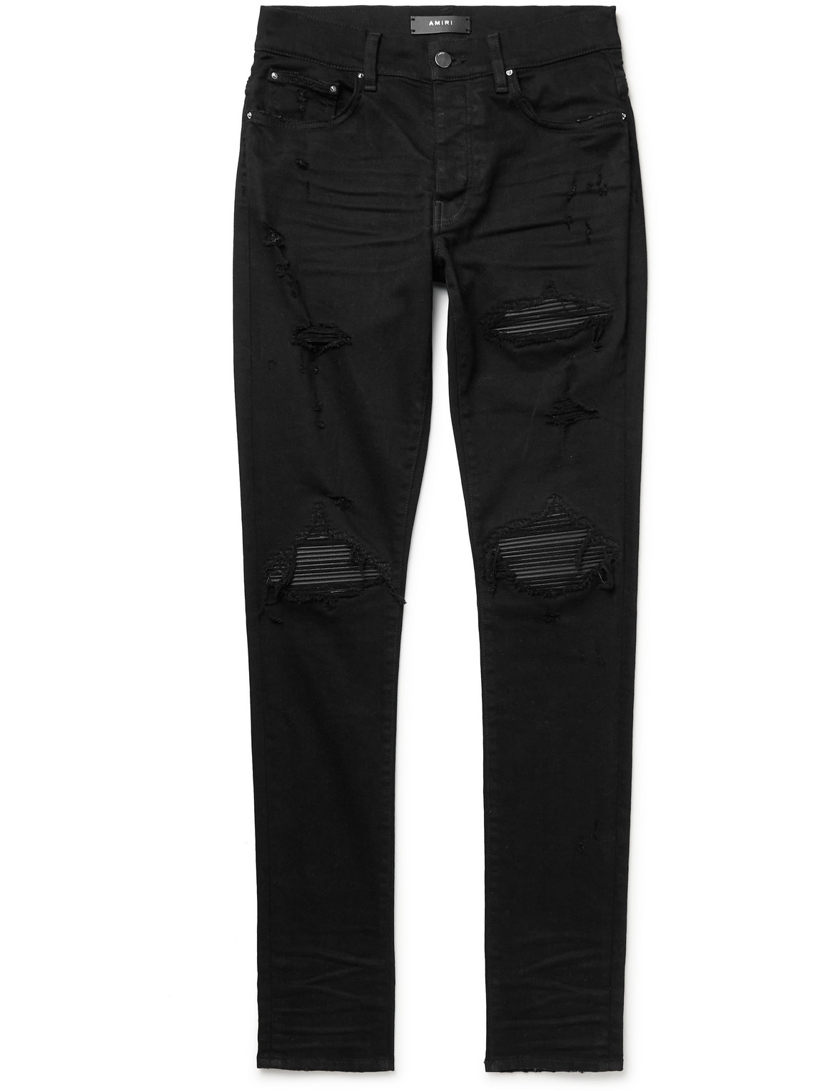 MX1 Skinny-Fit Distressed Leather-Panelled Stretch-Denim Jeans