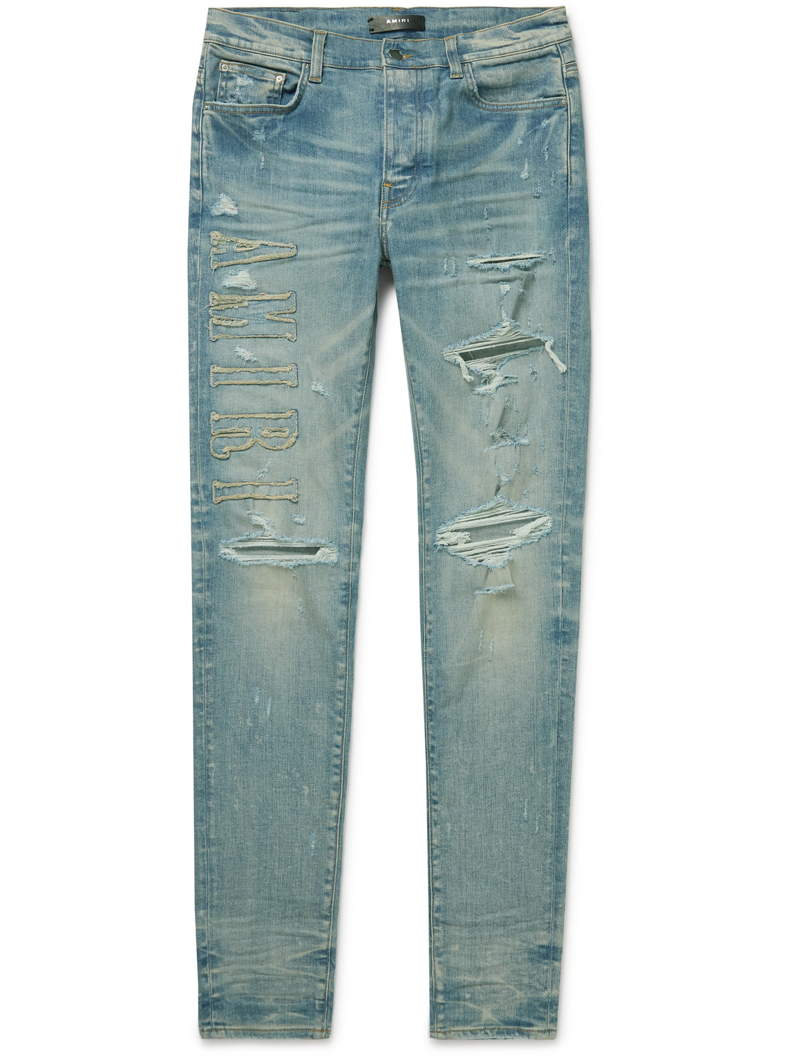 Skinny-Fit Logo-Appliquéd Distressed Jeans
