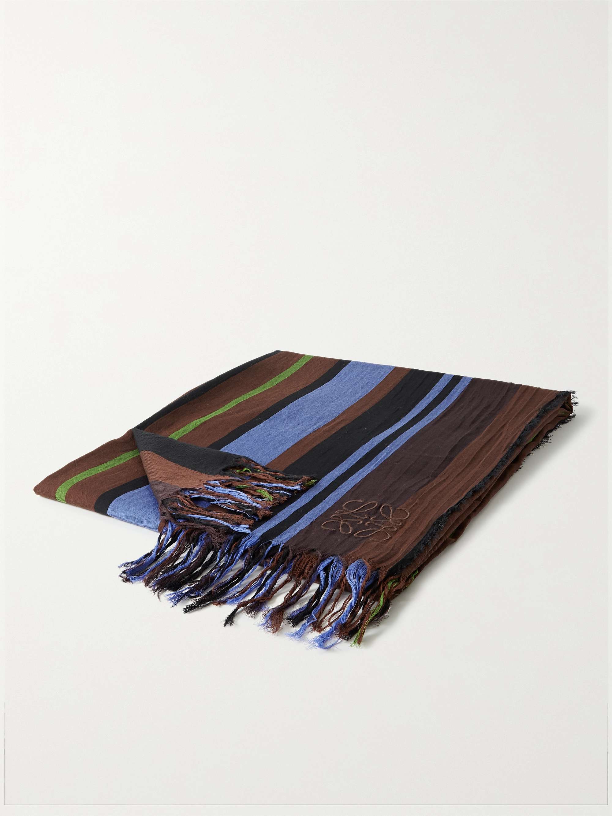 LOEWE Fringed Logo-Embroidered Striped Cotton-Voile Blanket