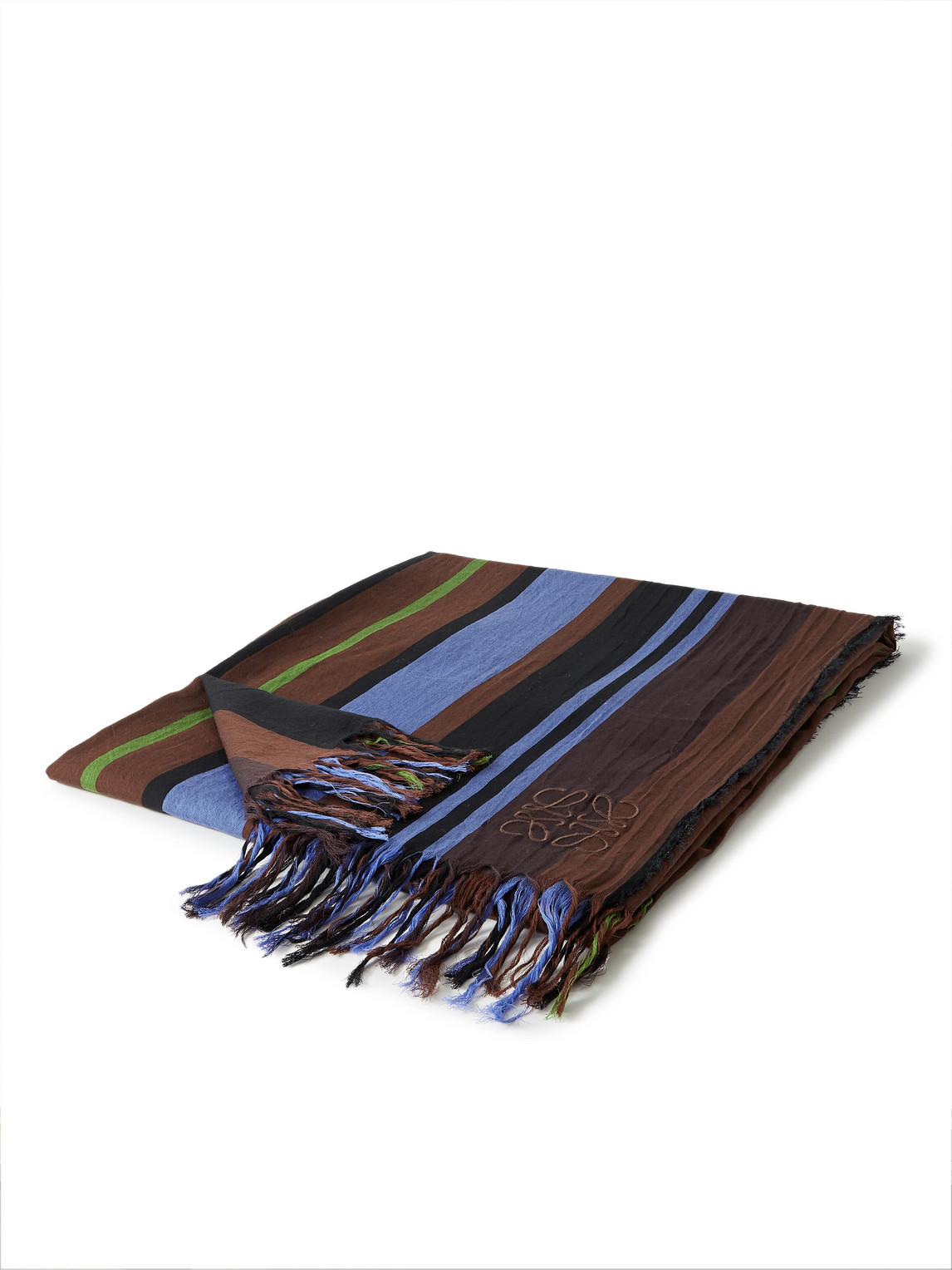 Fringed Logo-Embroidered Striped Cotton-Voile Blanket