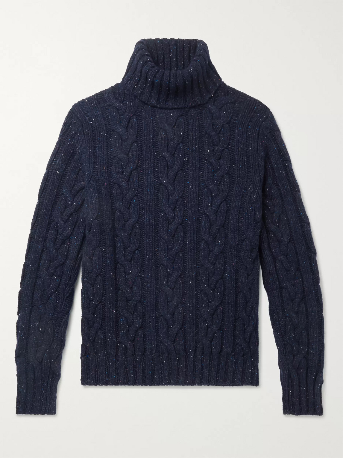 Kingsman Cable-knit Donegal Wool And Cashmere-blend Rollneck Sweater In Blue